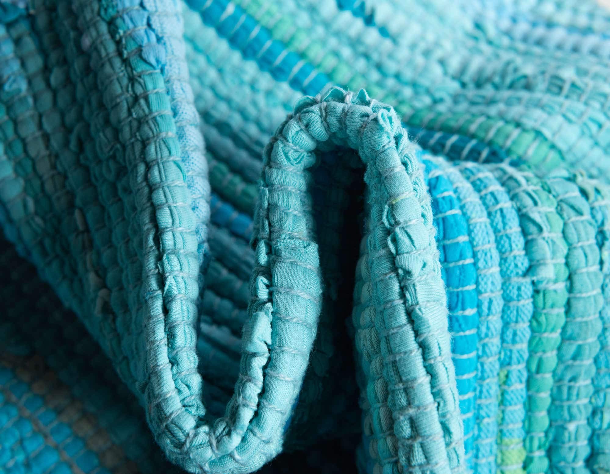 Unique Loom Handwoven Chindi Cotton Striped Area Rug - 8x10 ft Natural Fiber Floor Mat in Turquoise & Ivory | Boho Chic Living Room Decor, Bedroom Accent Rug