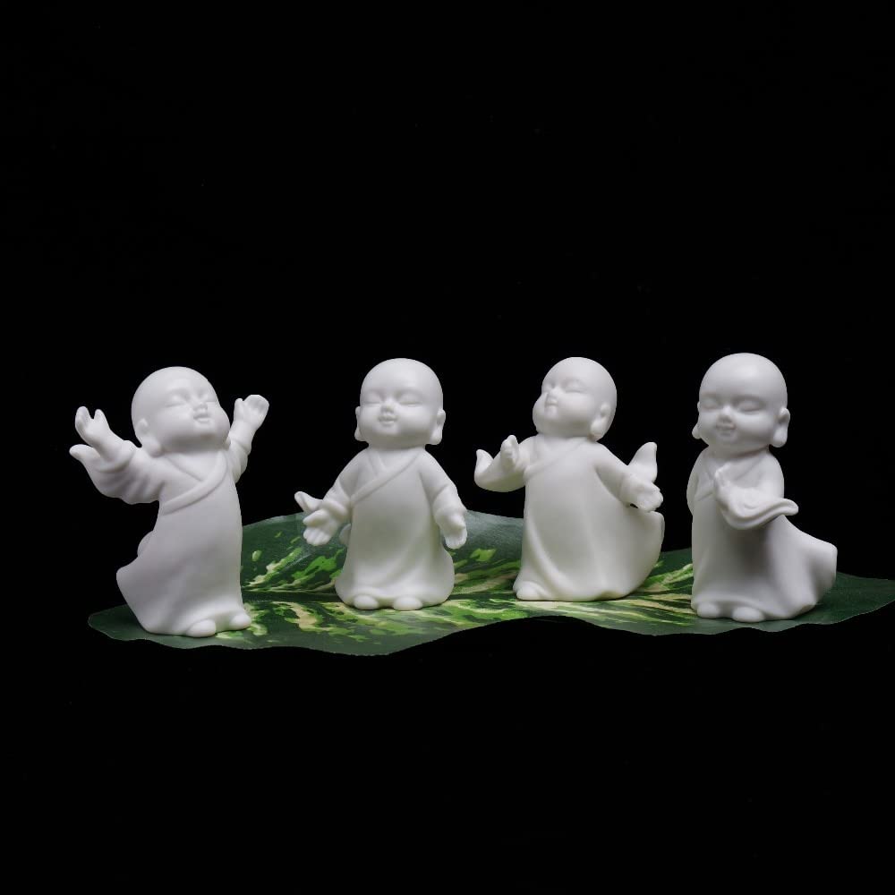 LILOVE Small Buddha Statue Monk Figurine - 4pcs Handmade Ceramic Yoga Decor, Indian Tea Pet & Meditation Ornament for Home, Office, Zen Garden Decor