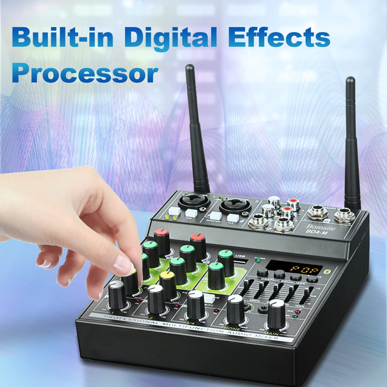 BO4-M Portable Karaoke Microphone Mixer System Set - 4 Channel Audio Mixer with Dual Wireless Mics, Bluetooth MP3 USB Connectivity for Smart TV, PC, KTV - Perfect for Home Theater, Parties & Professional Singing Performances