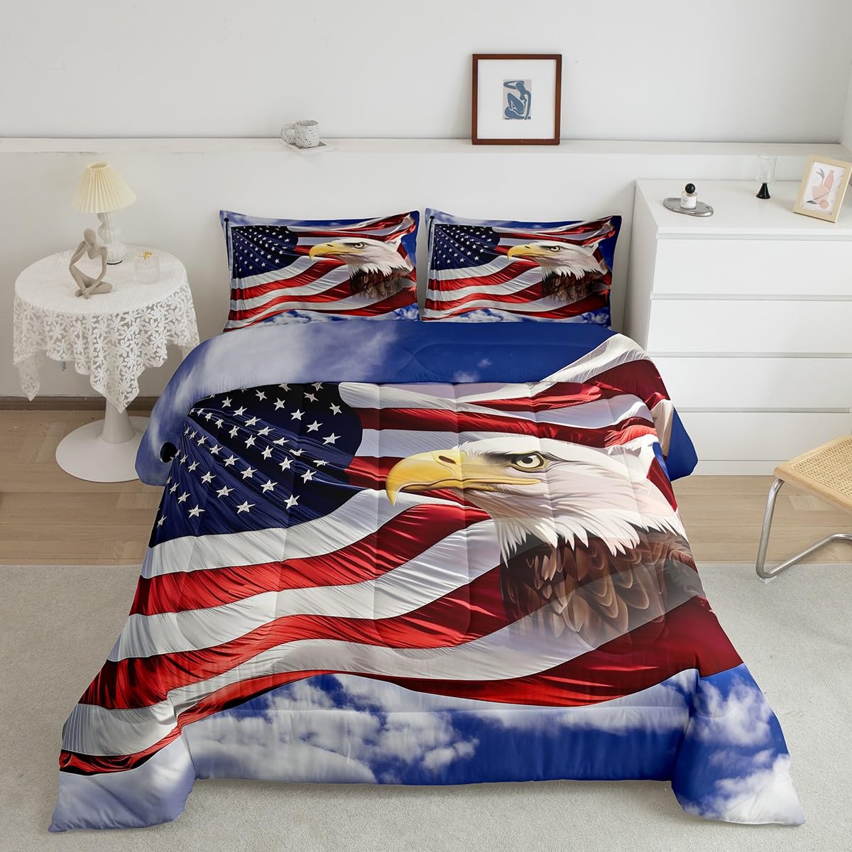 Patriotic American Flag Comforter Set with Bald Eagle Design - Full Size Down Duvet Insert & 2 Pillowcases for Kids & Boys - Independence Day & 4th of July Theme Bedding - Perfect for Holiday Decorations, Bedroom Makeovers & National Pride Celebrations