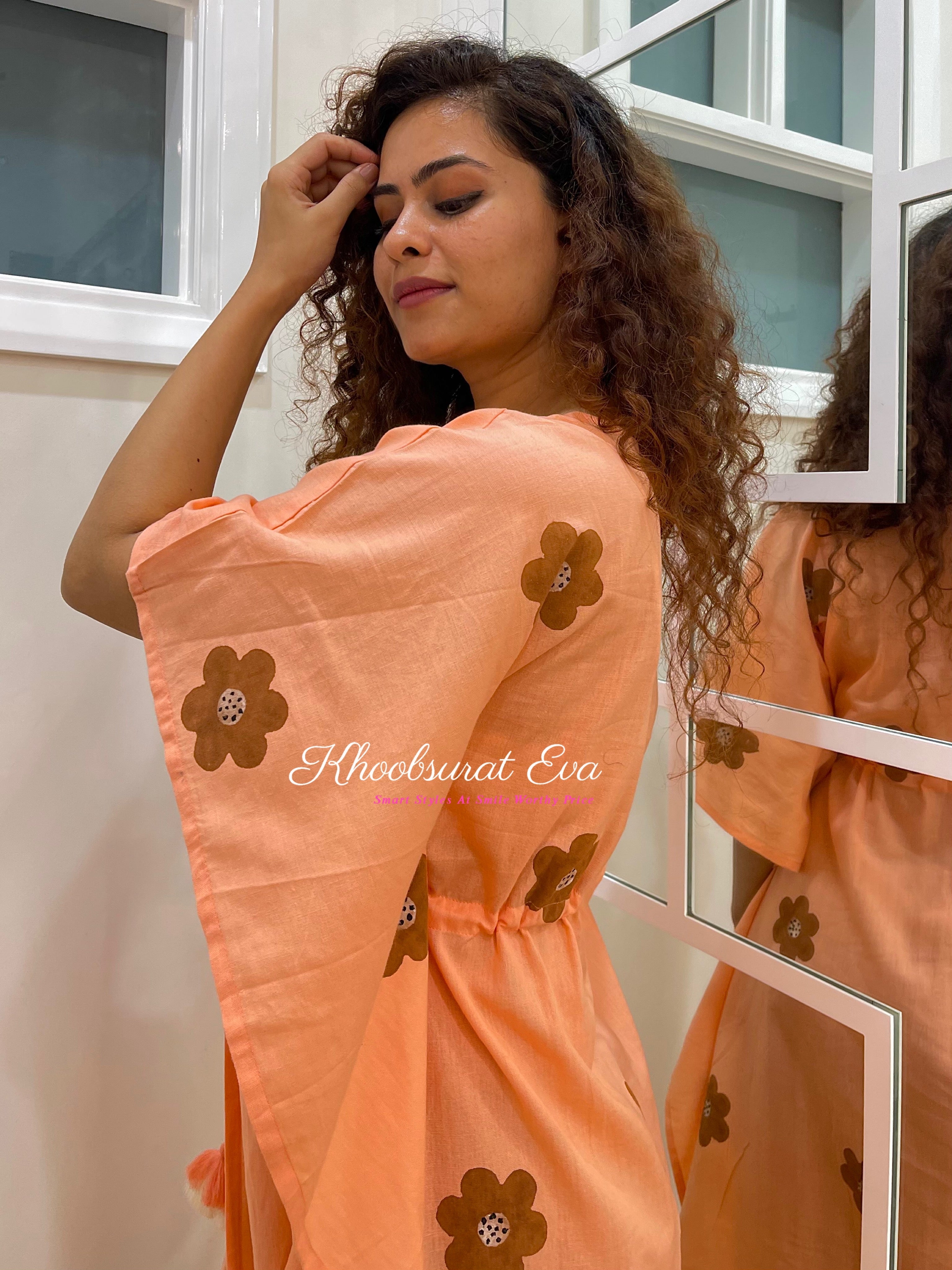 Hand Painted Peach Cotton Kaftan Dress - Boho Chic Beach Cover Up for Women - Perfect for Summer Vacations, Pool Parties & Resort Wear