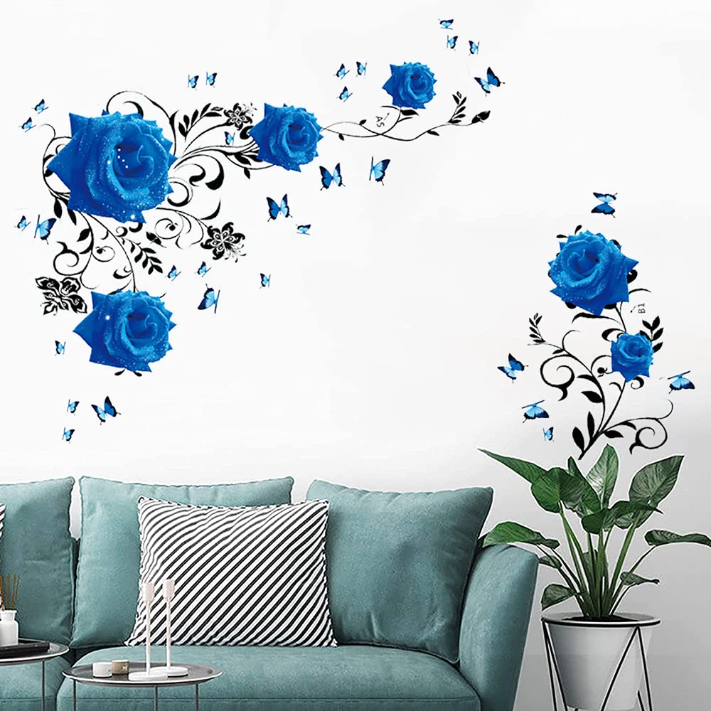 Supzone Blue Rose Wall Stickers - DIY Vinyl Floral Wall Decal for Bedroom, Living Room, Sofa Backdrop & TV Wall Decor | Elegant Blue Peony Flower Vine Mural Art | Perfect for Home, Office & Wedding Decorations