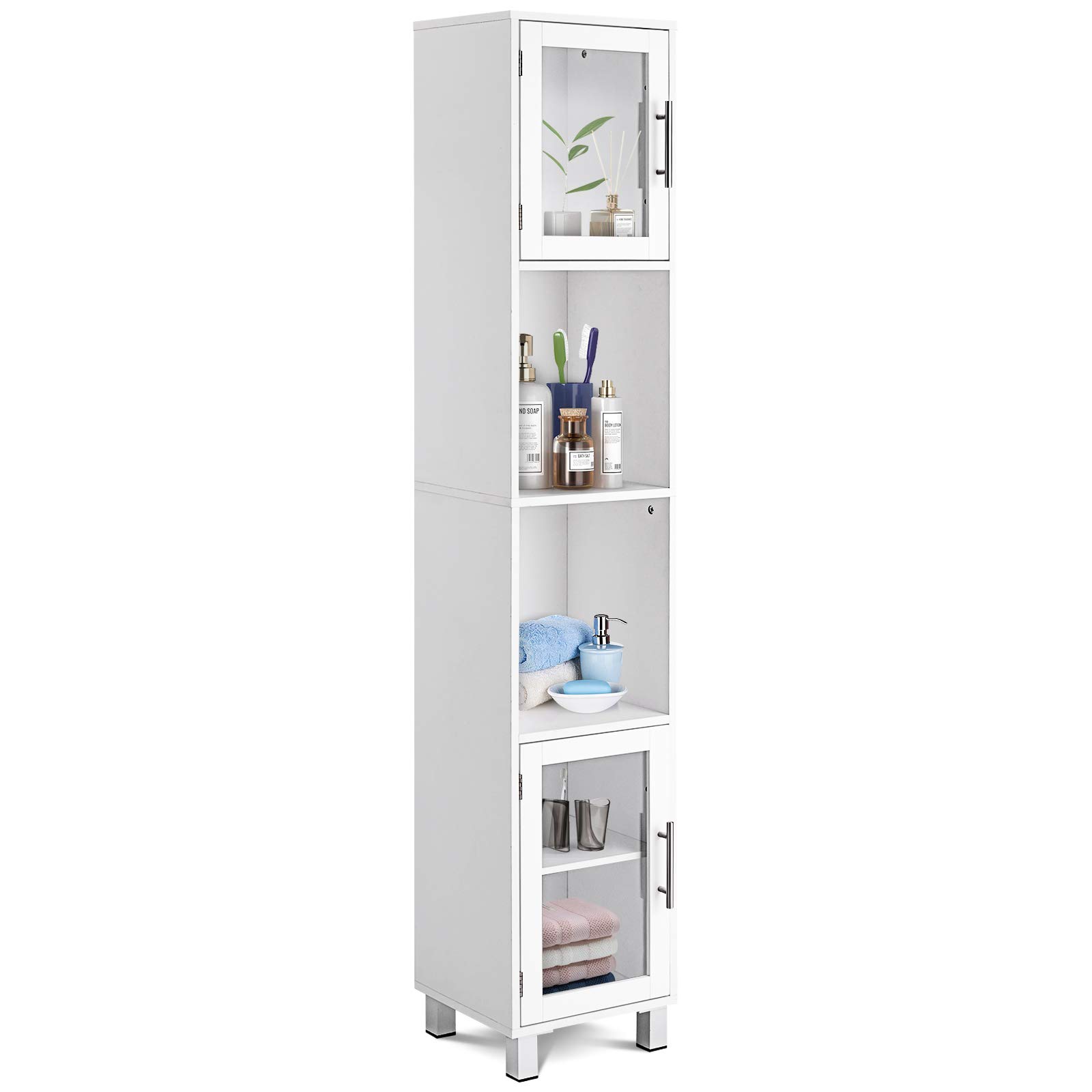 GLACER White Bathroom Storage Cabinet - 71 Inch Tall Kitchen Floor Cabinet with 2 Open Shelves & Tempered Glass Doors - 13x12x71 Inches Organizer for Bath Towels, Toiletries & Cleaning Supplies - Perfect for Small Bathrooms, Laundry Rooms & Kitchen Storage