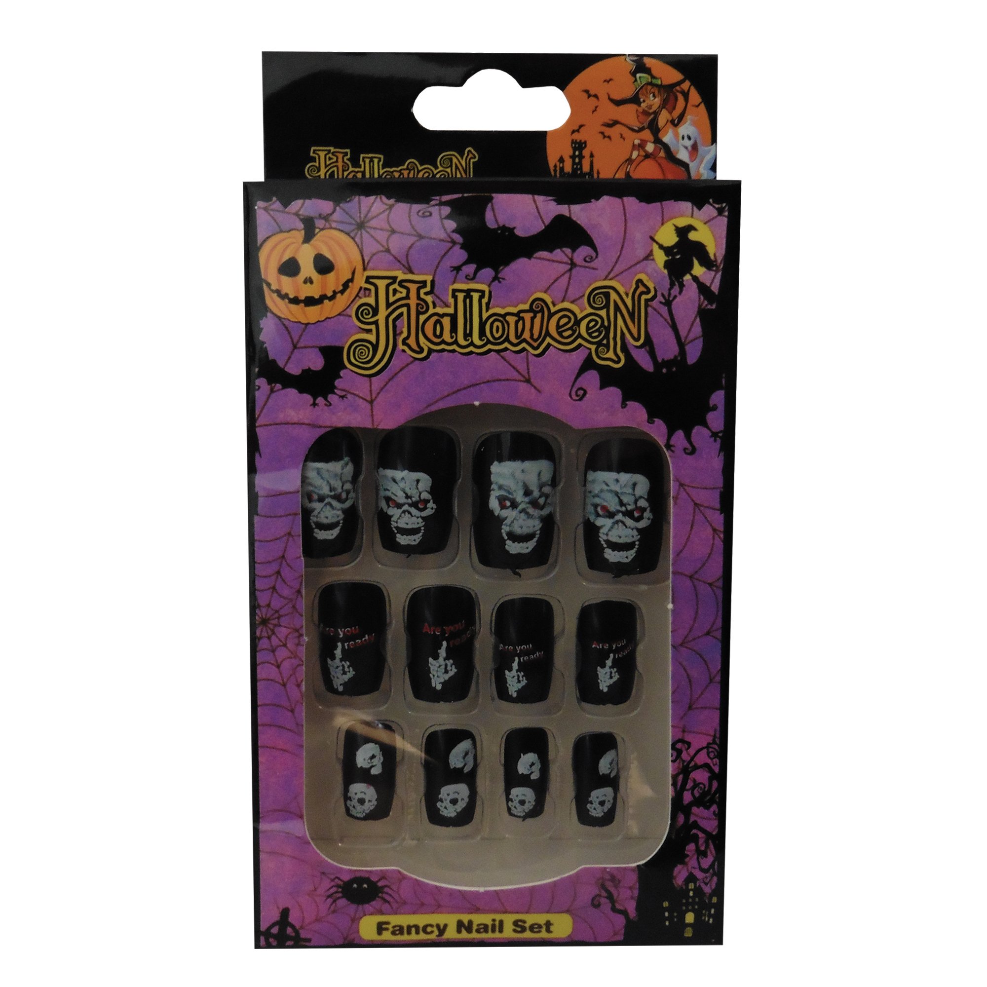 12 Pack Halloween Fake Nails with Glue - Long Press on Nails with Spooky Designs for Costume Parties & Cosplay (HN5)