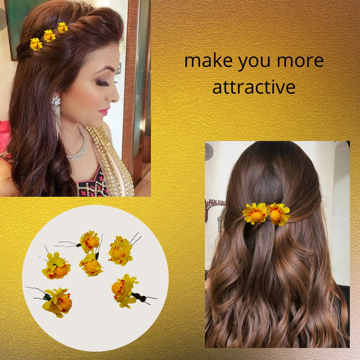 Handmade Fashion Flower Hair Pins - Yellow Hair Clips for Women & Girls (6-Piece Set) - Perfect for Weddings, Parties & Everyday Styling