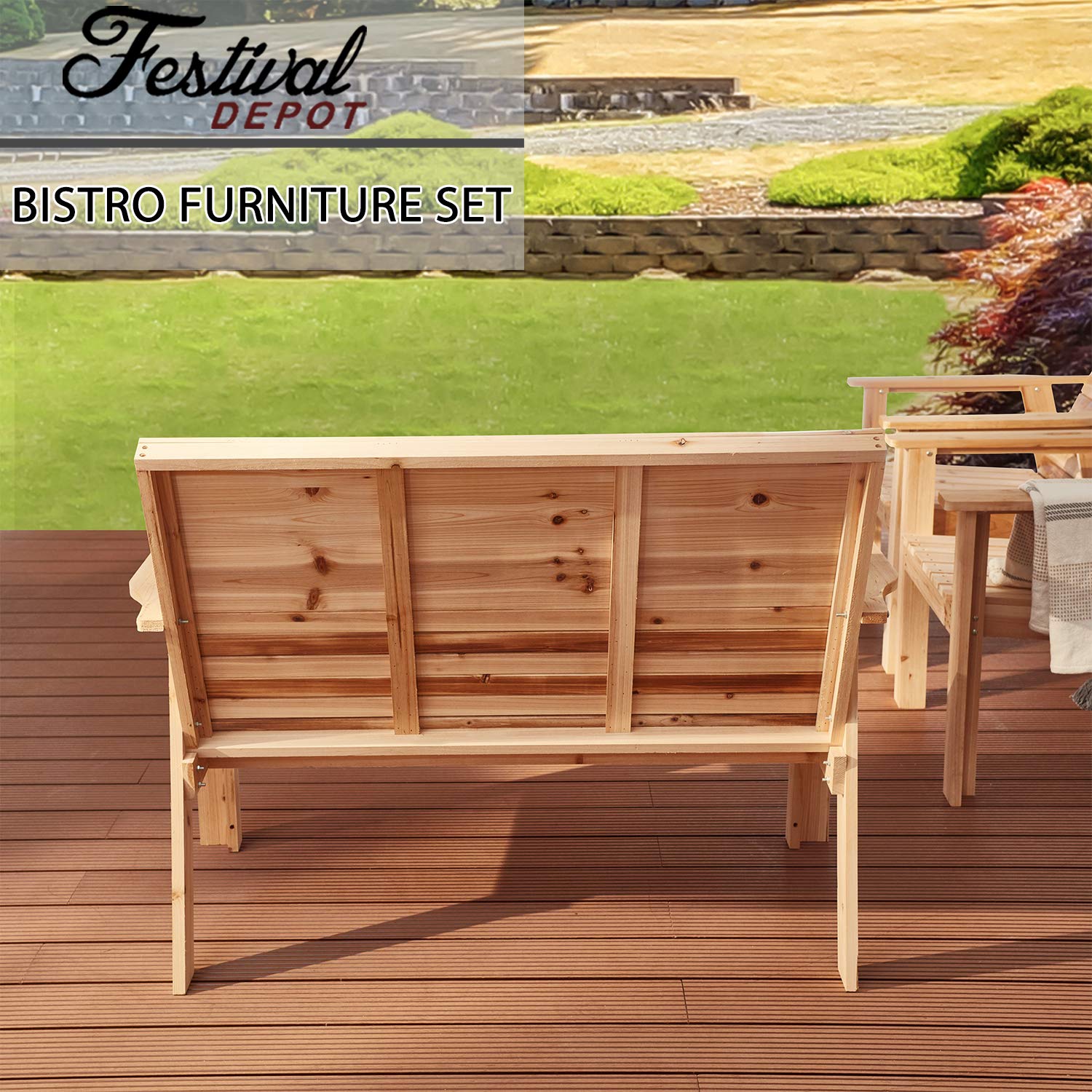 4-Piece Outdoor Patio Furniture Set with Wood Armrest Loveseat, Lounge Chair & Stars-Stripes Printed Coffee Table - Perfect for Backyard, Garden, Poolside Relaxation & Entertaining