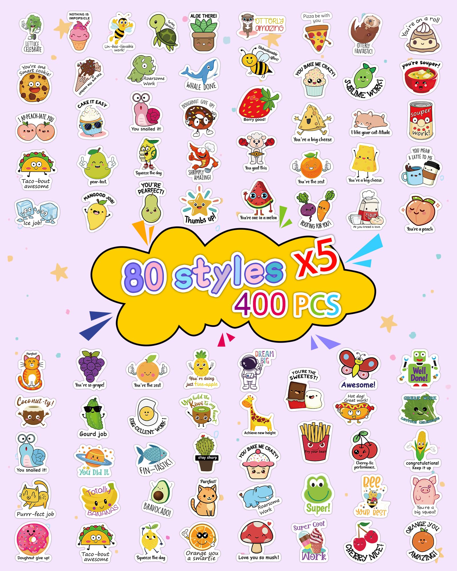 Benresive 400 Pcs Cute Waterproof Vinyl Stickers for Kids - 80 Kawaii Styles Bulk Pack for Water Bottles, Hydro Flask, Laptop, Skateboard & Classroom Decor | Perfect for Teens, Girls & DIY Crafts