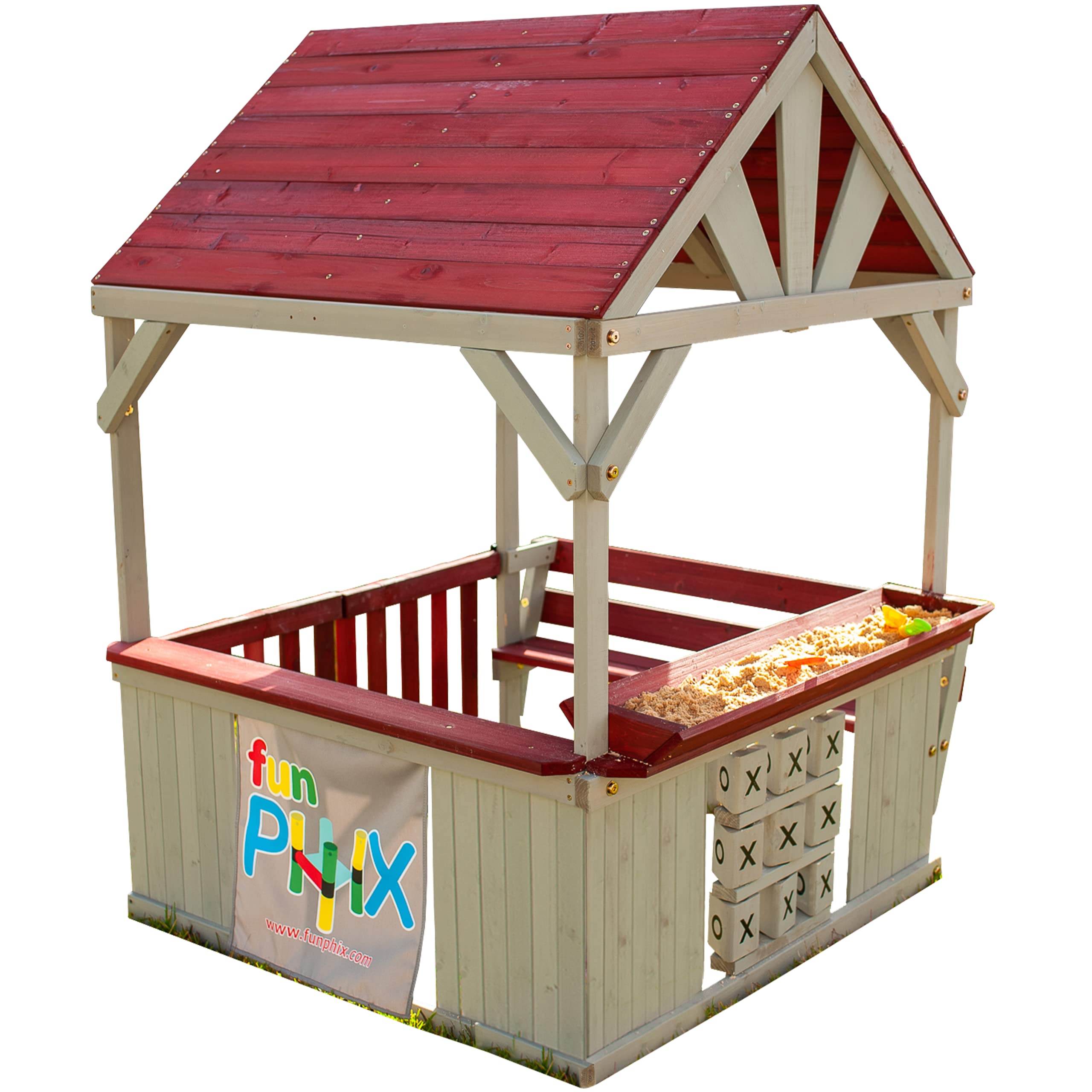 Funphix Cedar Wooden Playhouse for Kids - Outdoor Backyard Playset with Bench, Sandbox, Tic Tac Toe Game, Roof & Doors - ASTM Certified, Easy to Assemble Durable Wooden Playhouse for Toddlers & Children - Perfect for Backyard, Garden & Outdoor Playtime Activities
