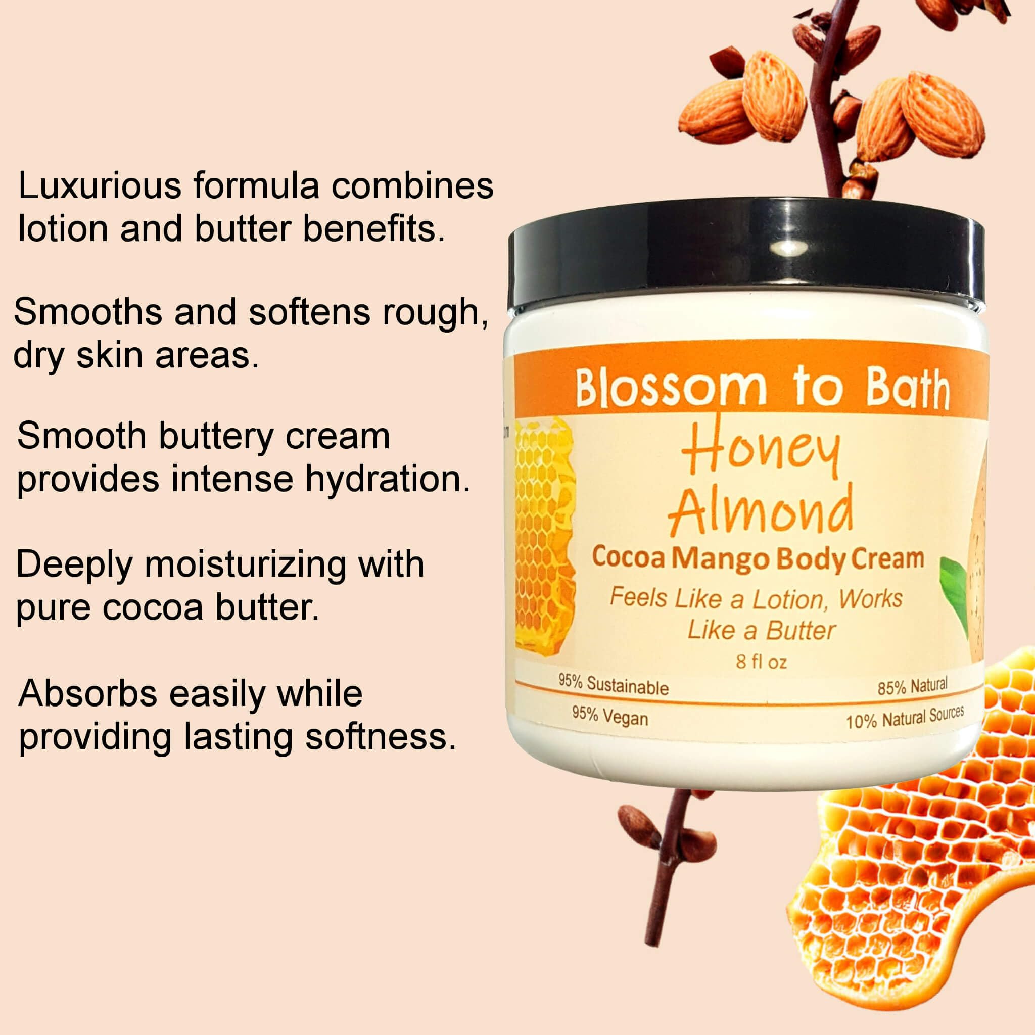 Honey Almond Cocoa Mango Body Cream - 8oz Phthalate-Free Moisturizing Lotion with Light Nutty Scent | Ultra-Hydrating Butter for Dry Skin | Perfect for Daily Use, Spa Nights & Gift Giving
