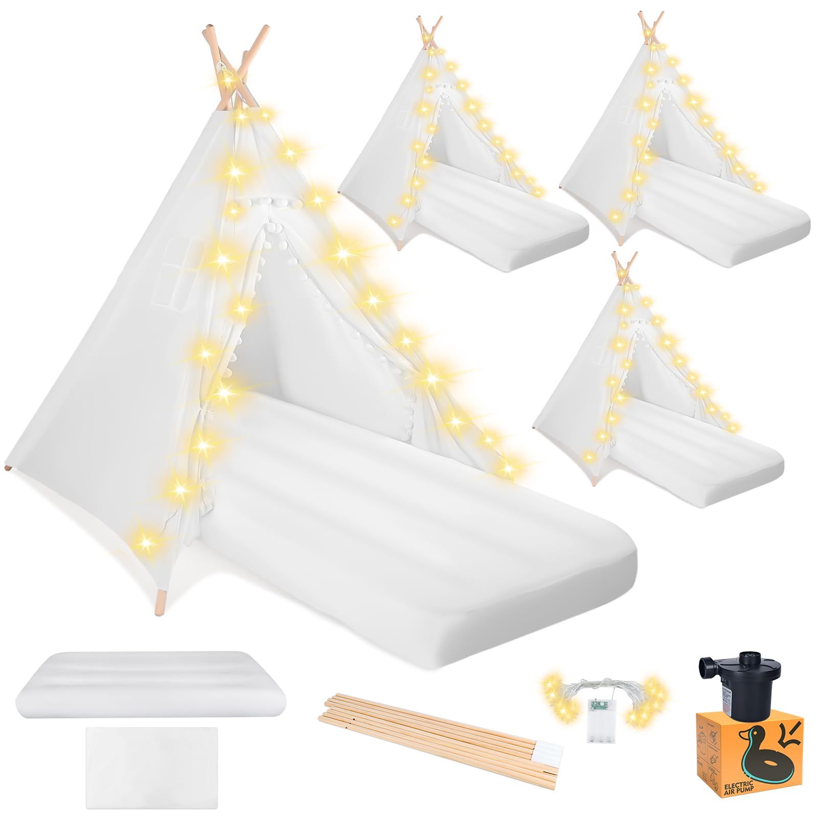 4-Pack Kids Teepee Tents for Sleepovers & Slumber Parties - Includes Inflatable Airbed, Fairy Lights & Washable Cotton Play Tent for Toddlers (White) - Perfect for Indoor Camping, Birthday Parties & Playroom Decor