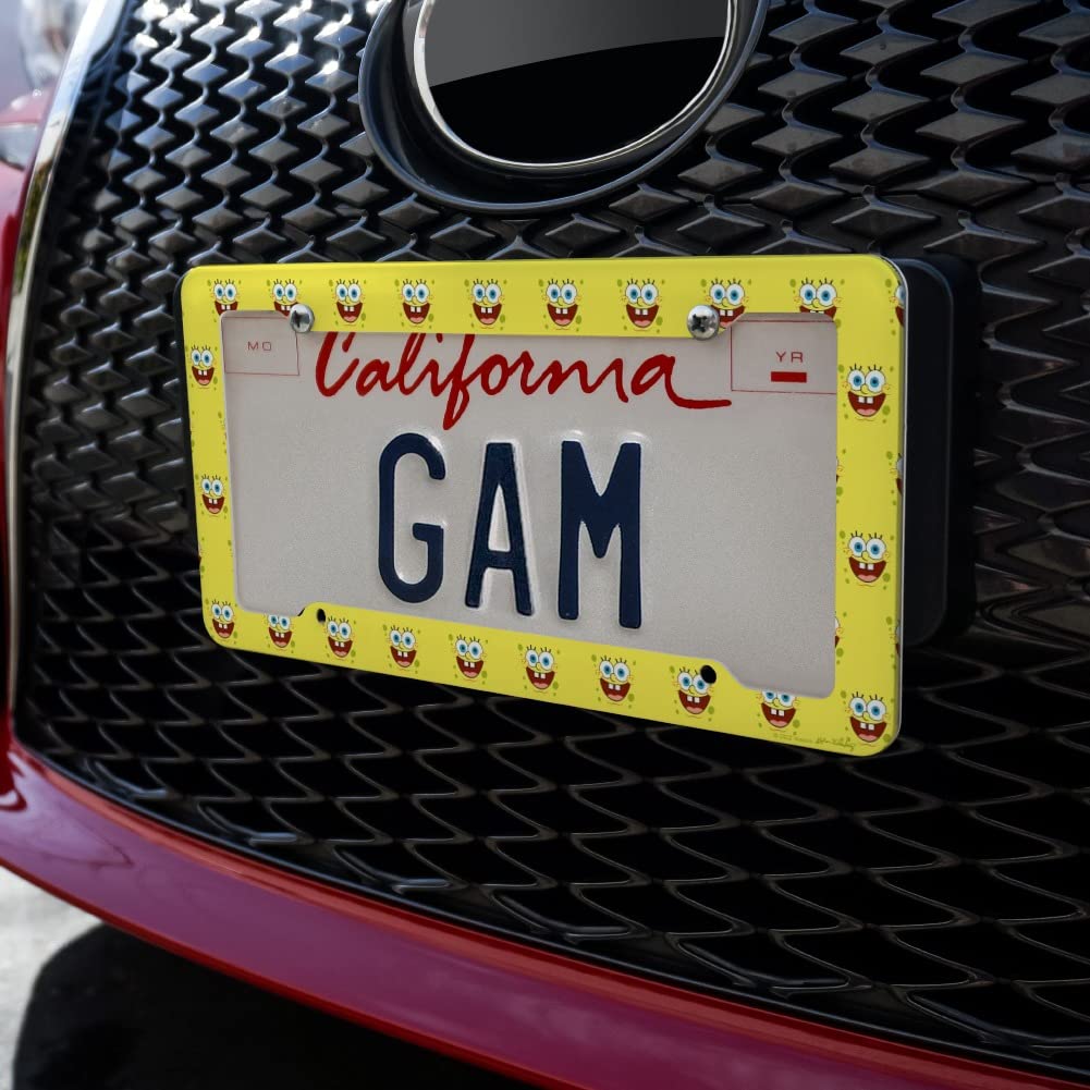 Spongebob Goofy Smile Face License Plate Frame - Fun Cartoon Car Accessory for Nickelodeon Fans - Perfect for Cars, Trucks & Motorcycles