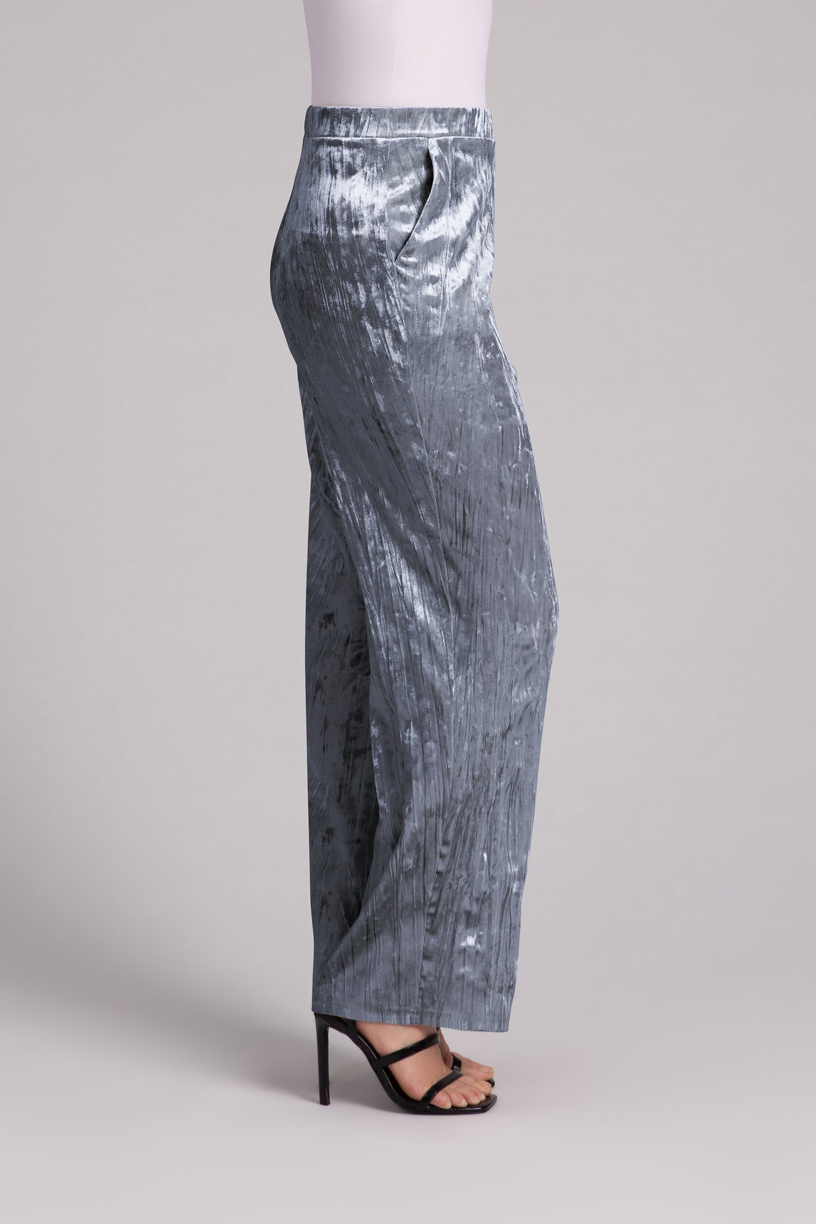 Crinkle Velvet Straight Leg Pants for Women - Gunmetal Gray High Waisted Trousers | Comfortable Office Wear & Night Out Outfit