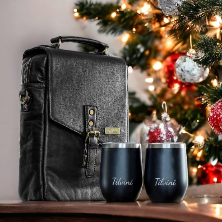 Premium Leather Wine Bag & Insulated Wine Tumblers Set - Best Birthday Gifts for Men, Wine Lovers - Durable Wine Carrier with Cooler Function - Perfect for Travel, Beach Picnics, Outdoor Parties & Romantic Dinners