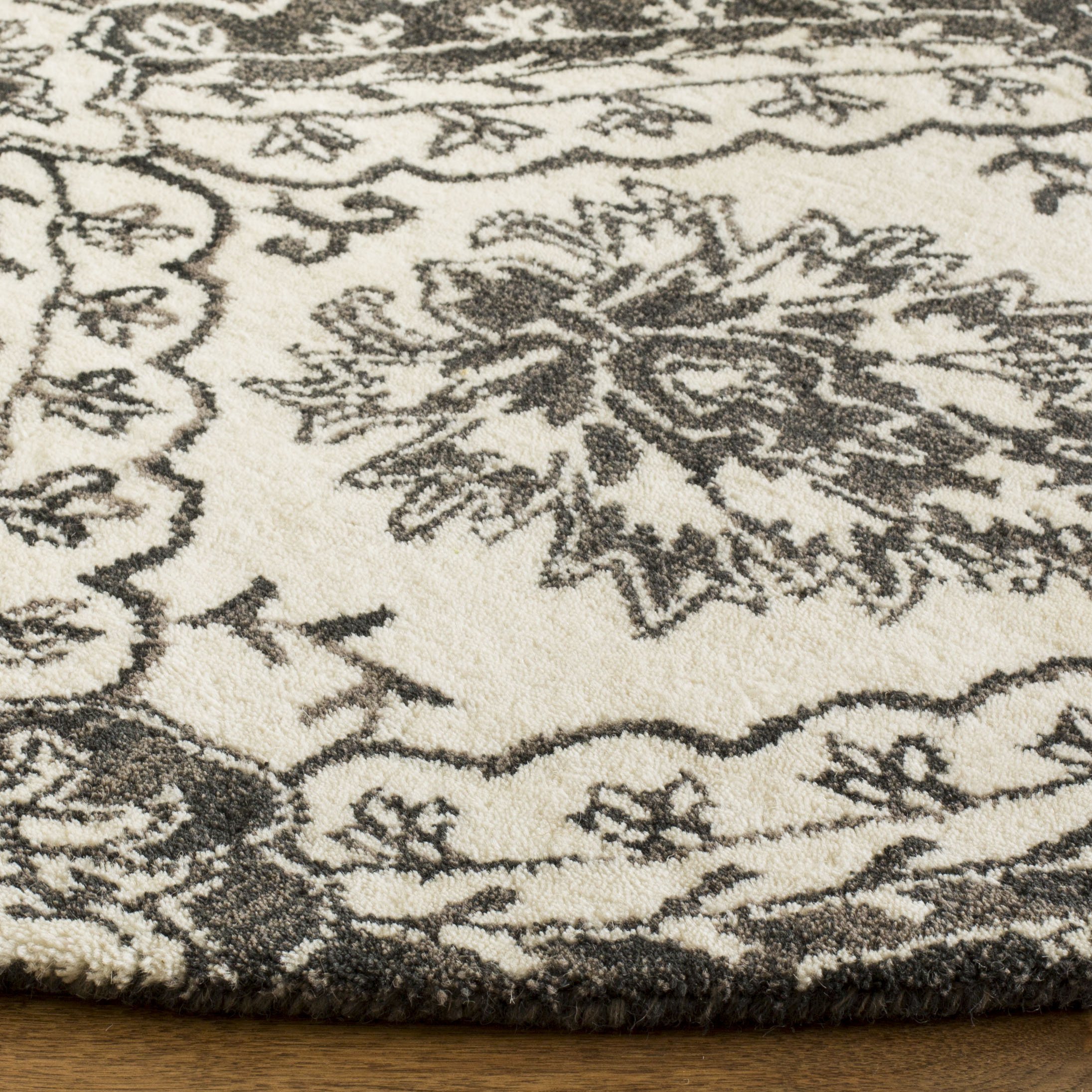 SAFAVIEH Blossom Collection 6-Foot Round Charcoal & Ivory Wool Area Rug - Handmade Premium Quality for Living Room, Bedroom, or Office Decor