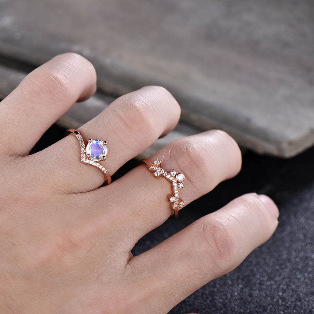 14K/18K Rose Gold Rainbow Moonstone Diamond Engagement Ring Wedding Set for Women – Elegant Bridal Jewelry for Proposals, Anniversaries & Special Occasions