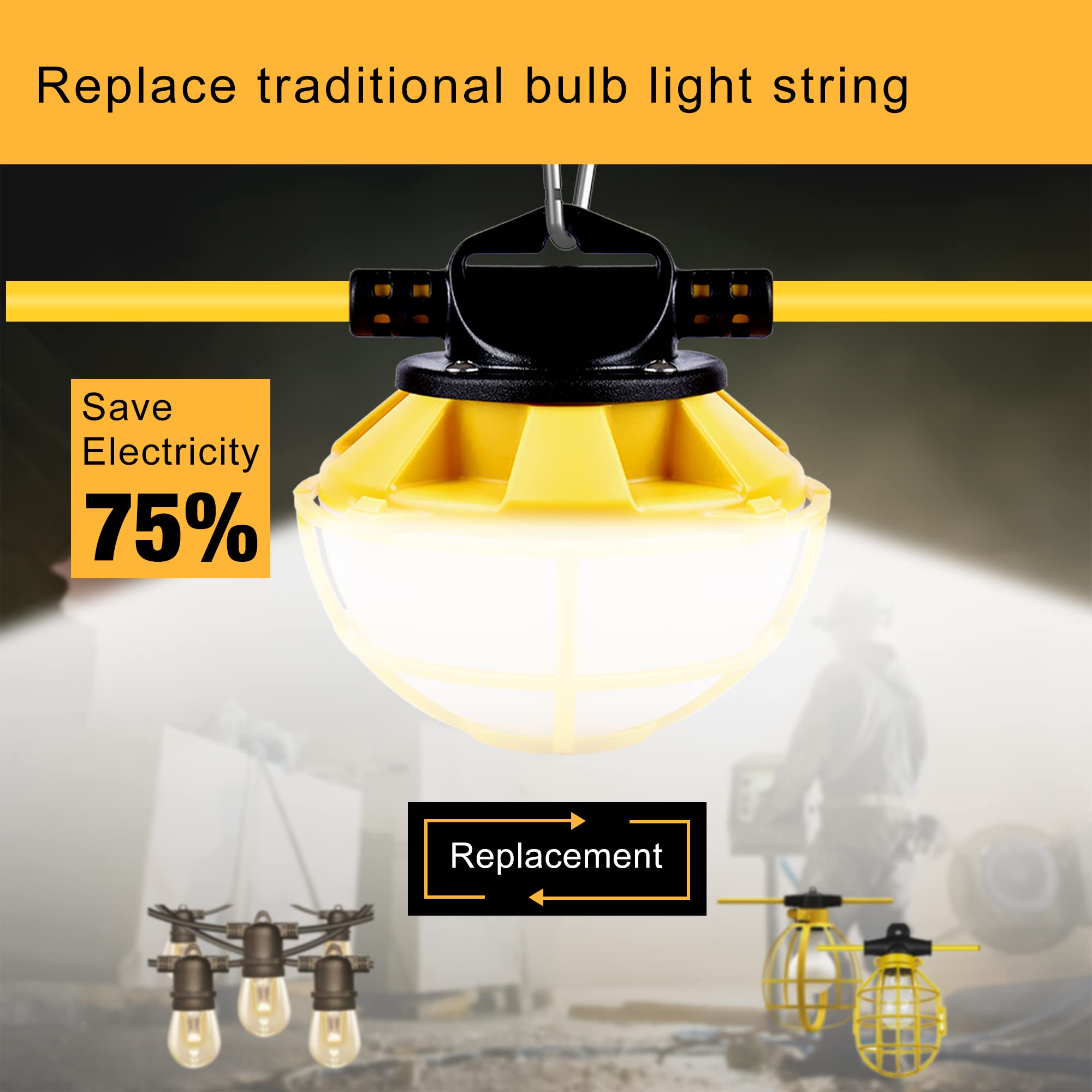 50FT Heavy Duty LED Construction String Lights with Protective Cage - IP65 Waterproof 5000K Daylight Work Lights, 18AWG Wire Linkable Temporary Lighting for Jobsite, Warehouse, Backyard & Outdoor Events (Includes 5 Bulbs & Hooks)