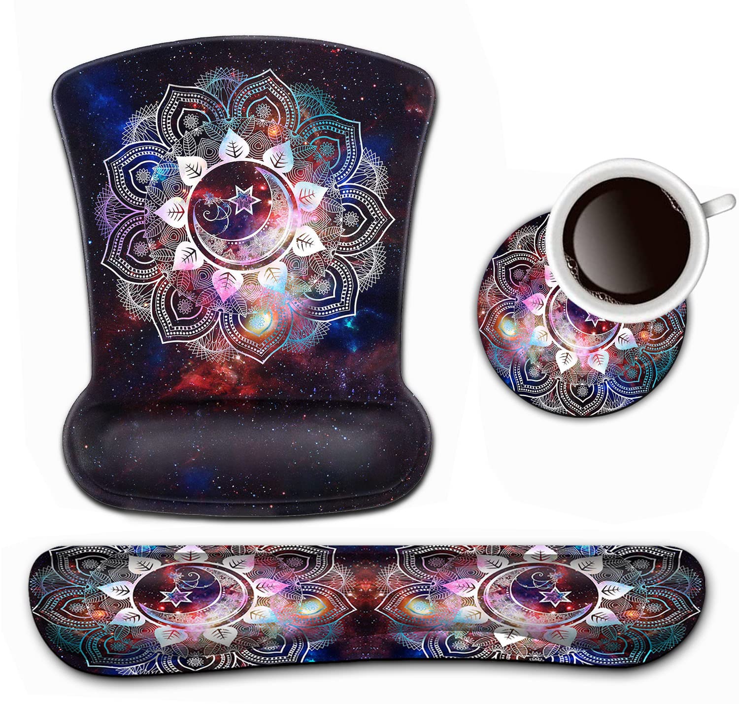 Ergonomic Keyboard Wrist Rest & Mouse Pad Support Set - Starry Sky Bohemian Mandala Gel Mouse Pad for Pain Relief, Memory Foam Keyboard Wrist Cushion with Coasters - Ideal for Office, Gaming & Home Computer Workstations