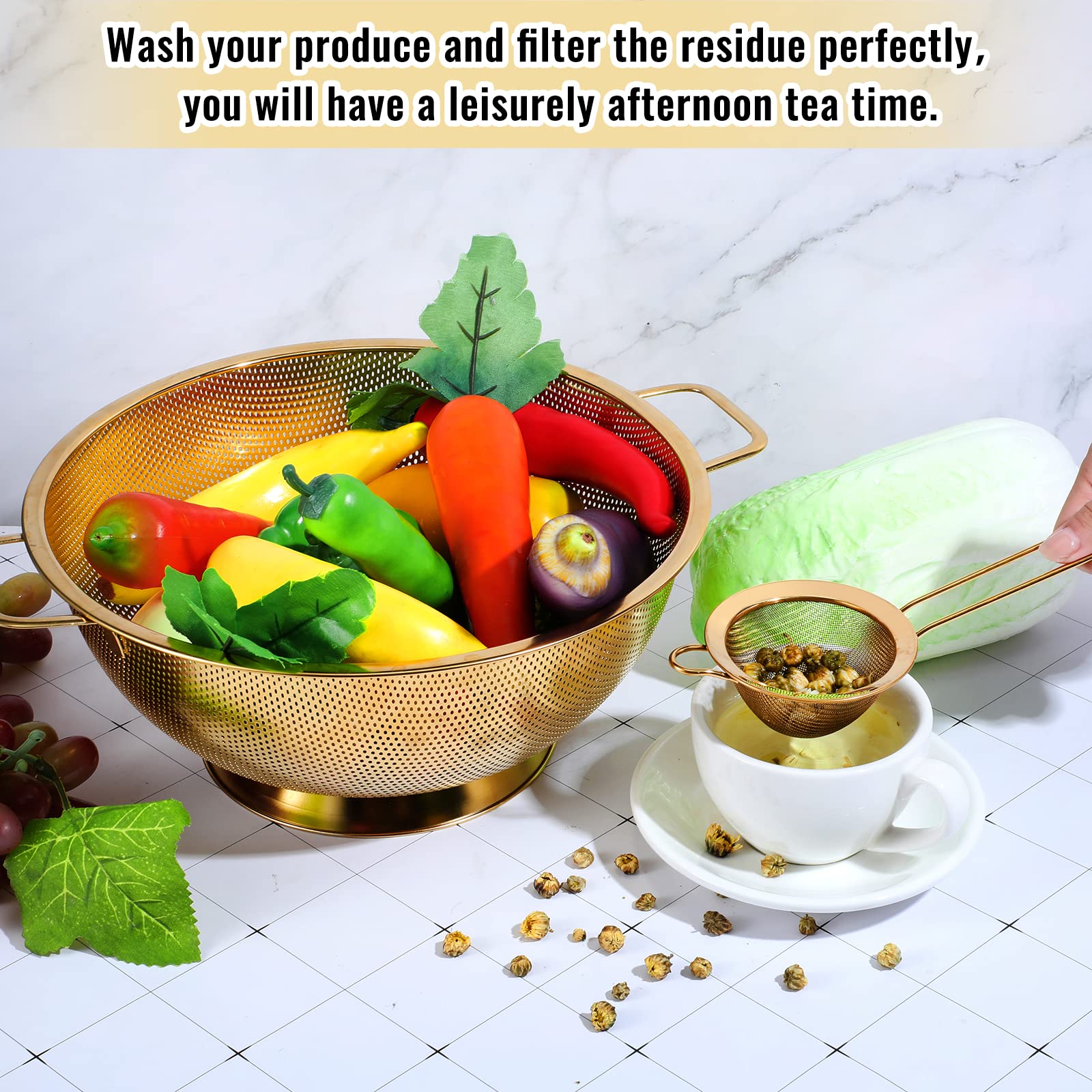 5 Quart Stainless Steel Gold Colander & 3-Piece Fine Mesh Strainer Set - Pasta, Rice & Food Strainer with Handles - Dishwasher Safe & Easy Clean - Perfect for Cooking, Baking & Kitchen Prep