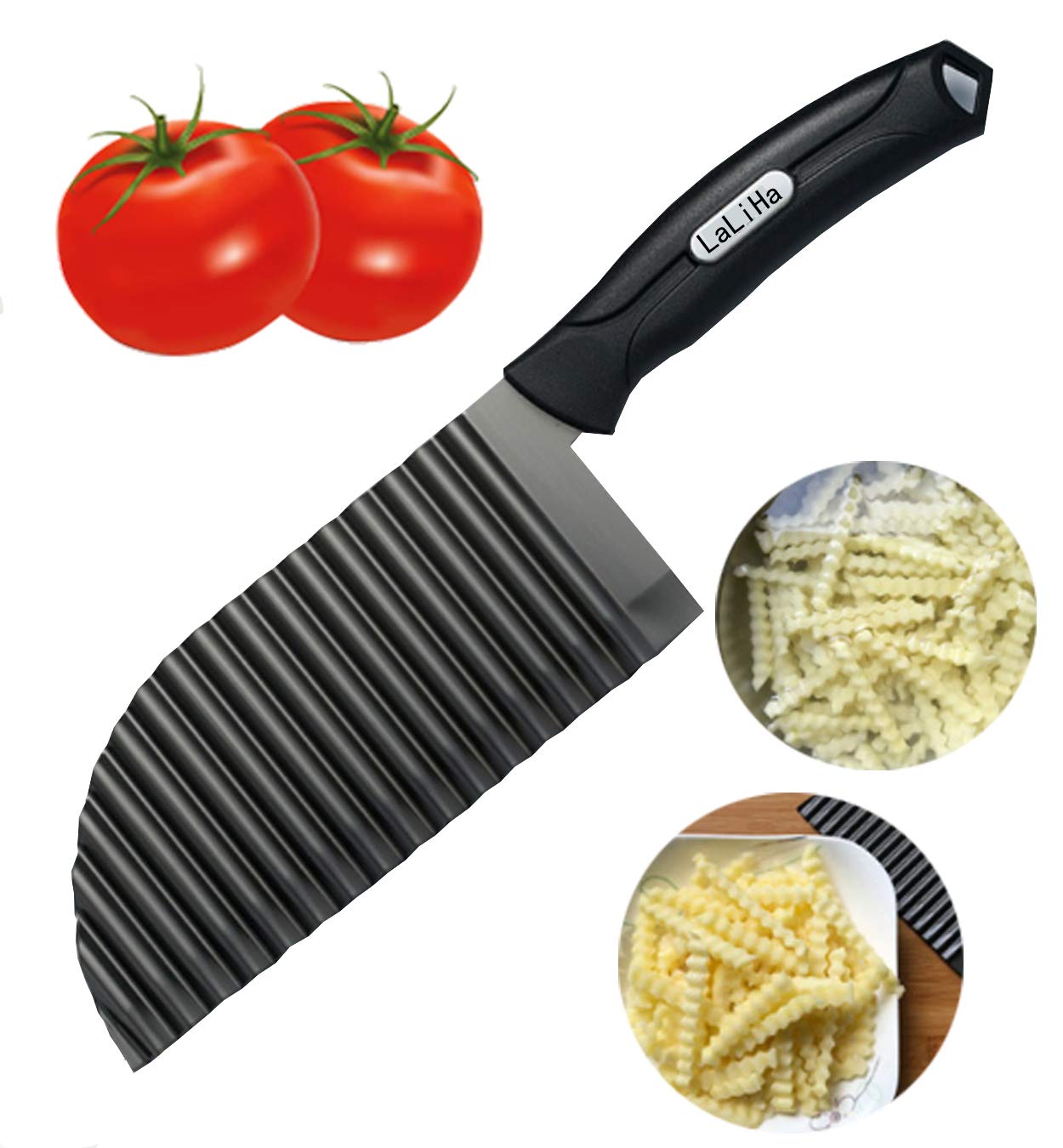 Stainless Steel Crinkle Cutter Knife - Wavy French Fry & Veggie Chopper for Dough, Potatoes, Chips - Medium Black Kitchen Tool for Garnishing, Cooking & Food Prep