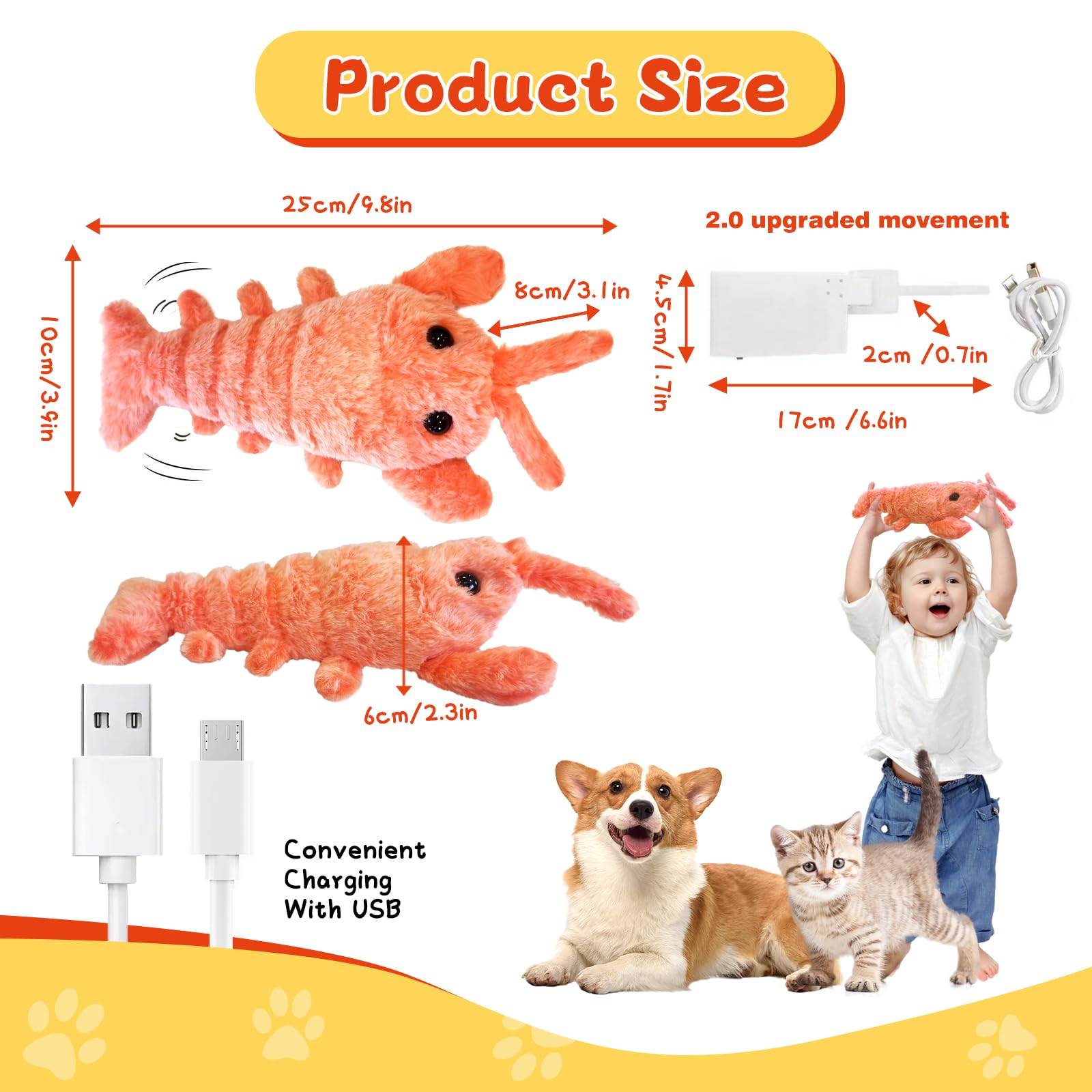 Floppy Lobster Interactive Dog Toy - Motion Activated Self-Moving Pet Toy for Boredom Relief, Chew-Resistant Washable Stuffed Animal for Dogs & Cats (Orange) - Perfect for Indoor Play, Training, and Anxiety Relief