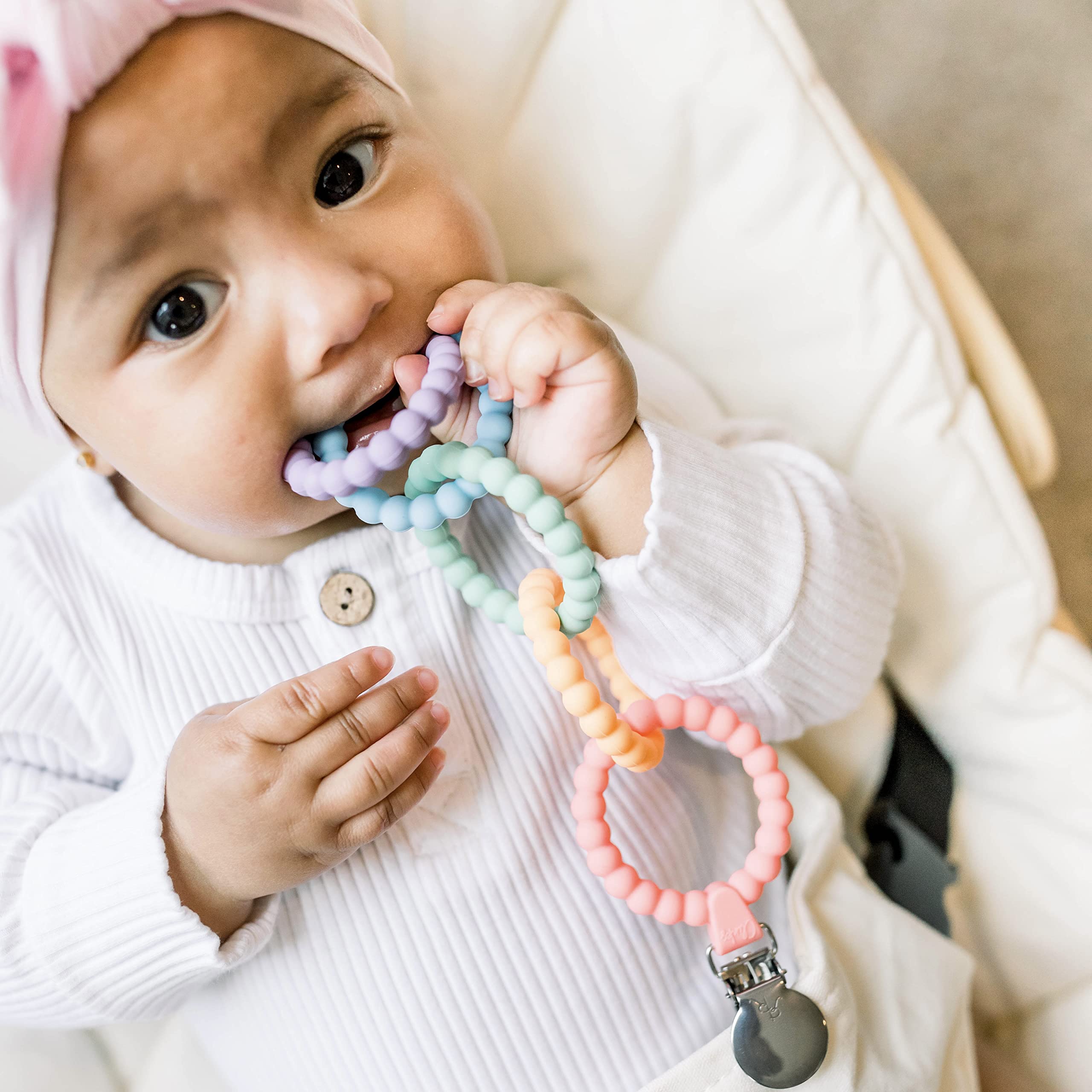 Ryan & Rose Cutie Clinks - Attachable Baby Teether Chew Toy for Soothing Sore Gums (Mosaic Pattern) | Perfect for Strollers, Car Seats & Diaper Bags | BPA-Free Infant Teething Relief