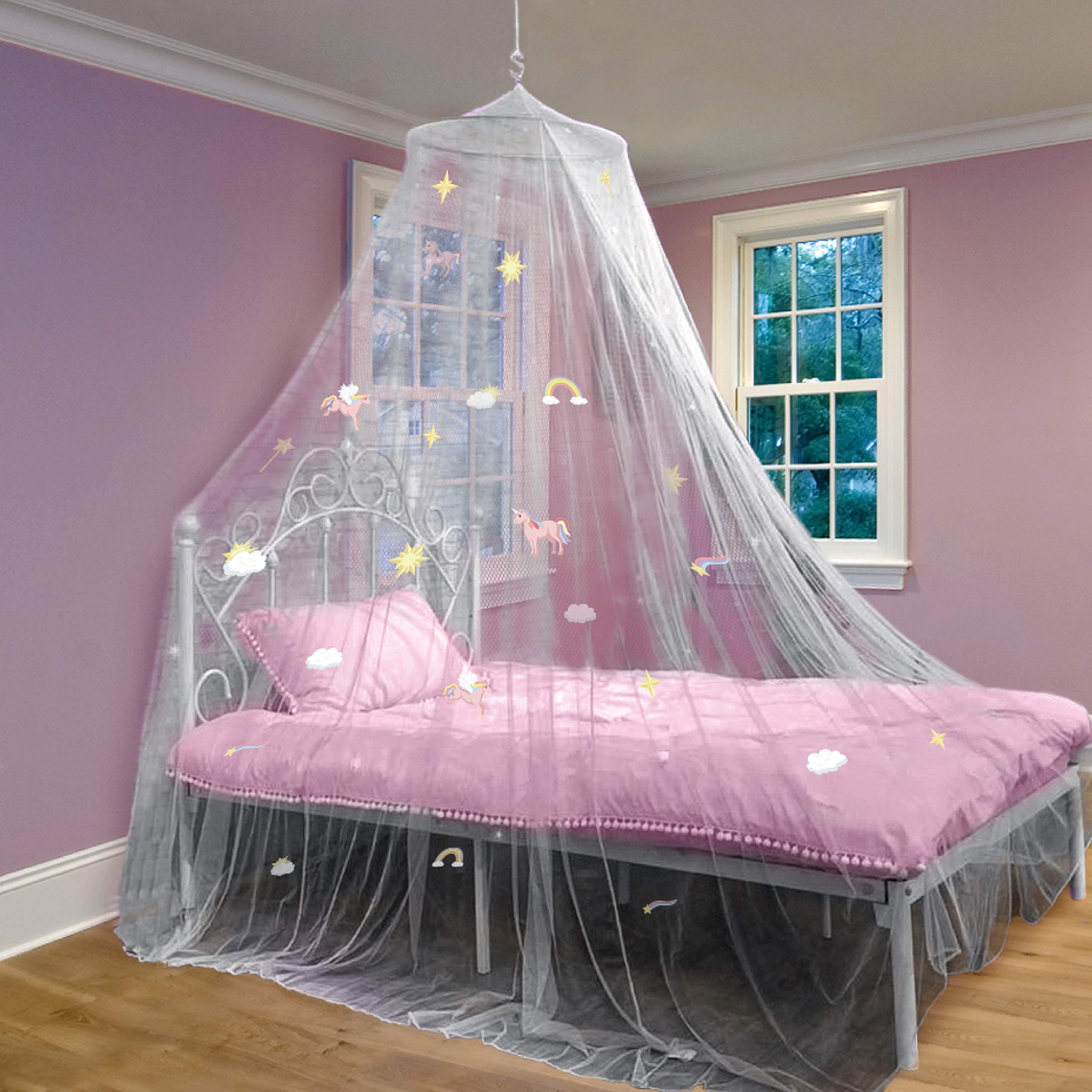 Bollepo Princess Bed Canopy for Girls with Glowing Stars - White Unicorn Ceiling Net for Toddler & Kids | Fire Retardant Fabric, Fits Full & Twin Size Beds | Perfect for Nursery Decor, Birthday Gifts & Dreamy Bedroom Makeover