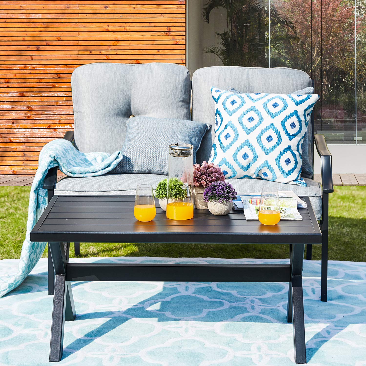 **PatioFestival Outdoor Loveseat Bench Sofa Set - Metal Frame Bistro Furniture with Thick Cushions & Coffee Table - Perfect for Lawn, Front Porch, Poolside, Garden & Backyard Relaxation**