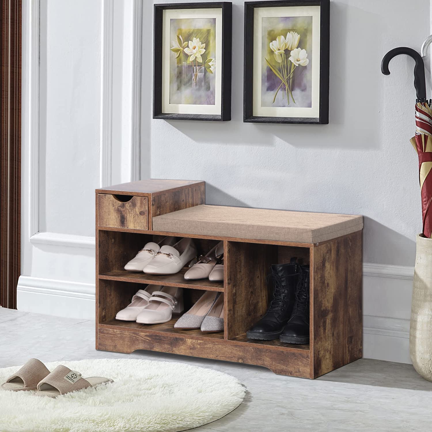 MAISON ARTS Rustic Brown Shoe Bench with Cushion - 3 Storage Compartments & Drawers, Entryway Shoe Cabinet Bench Seat Holds 330 lbs - Perfect for Hallway, Mudroom, or Bedroom Organization