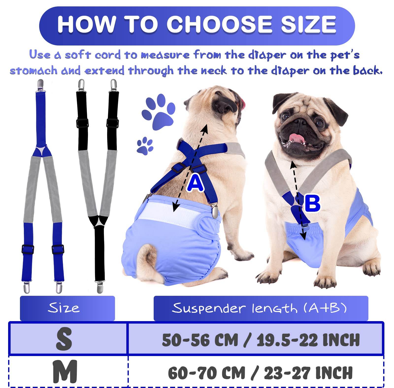 Saintrygo 2 Pack Adjustable Dog Suspenders for Diapers - Belly Bands Harness to Keep Diapers Secure for Small, Medium & Large Dogs (Black, Blue, Small) - Perfect for Incontinence, Training & Travel