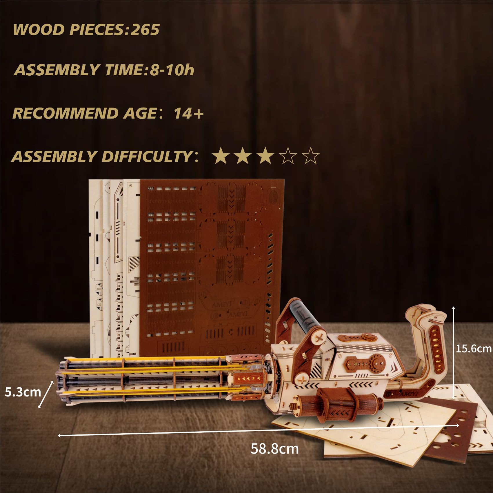 3D Wooden Gatlin Gun Puzzle for Adults - DIY Rubber Band Toy Gun Model Kit, Creative Gift for Men & Woodworking Enthusiasts | Fun Home Decoration & Stress Relief Activity