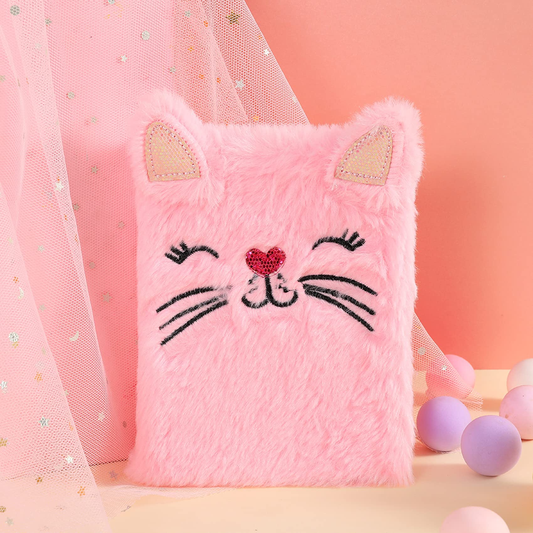Cute Cat Plush Notebook for Kids, Girls, Women & Teens - A6 Ruled 160-Page Fuzzy Journal Writing Pad - Perfect for School, Diary Keeping & Gift Giving