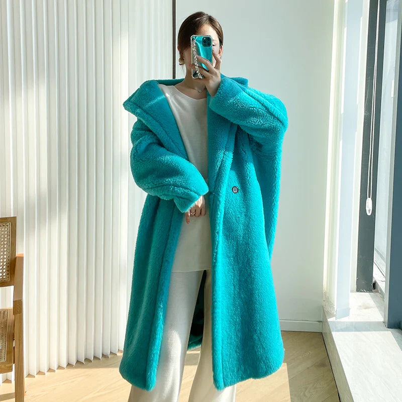 2022 Women's Long Cashmere Coat - Premium Wool Woven Fabric, Thick & Warm Oversized Winter Jacket | Fashion Streetwear Teddy Bear Style | Perfect for Cold Weather, Office Wear & Holiday Outfits