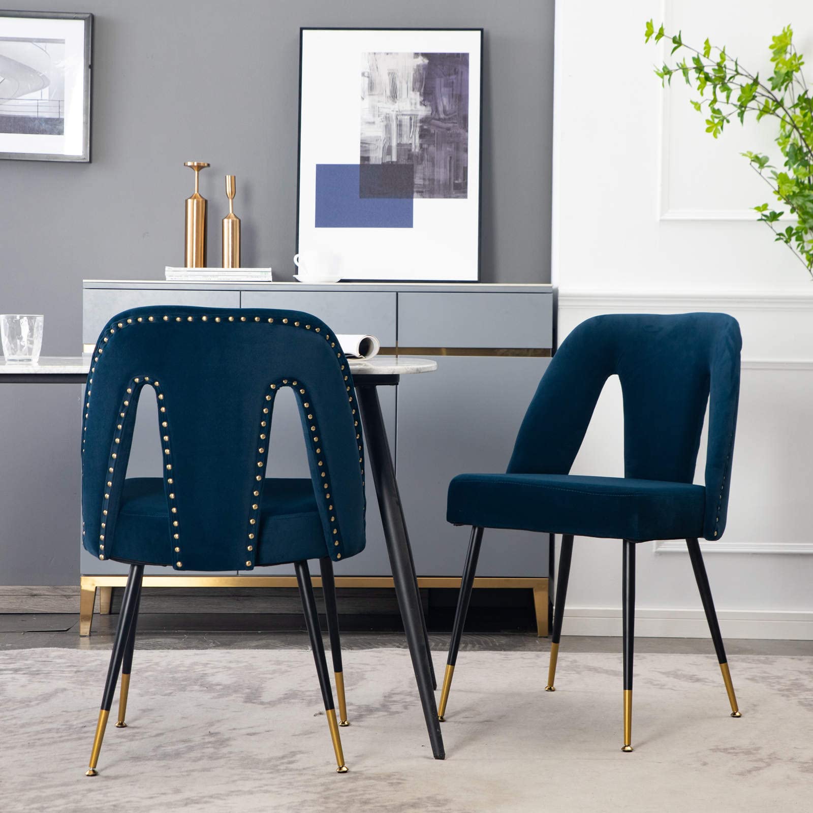 Modern Velvet Upholstered Dining Chairs with Gold-Tipped Metal Legs & Nailhead Trim - Navy Blue Set of 2 - Contemporary Akoya Collection for Kitchen, Dining Room, Restaurant & Home Decor