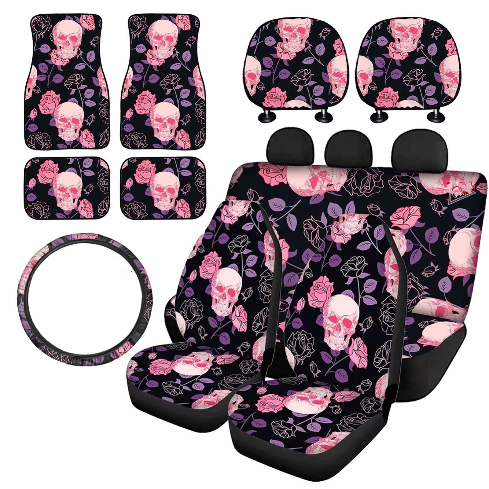Pensura Pink Flower Skull Car Seat Covers Set of 10 - Universal Fit for Cars, Trucks, Vans & SUVs | Front Seat Protector, Headrest Covers, Floormats & Steering Wheel Cover | Stylish & Durable for Daily Commute, Road Trips & Car Decor