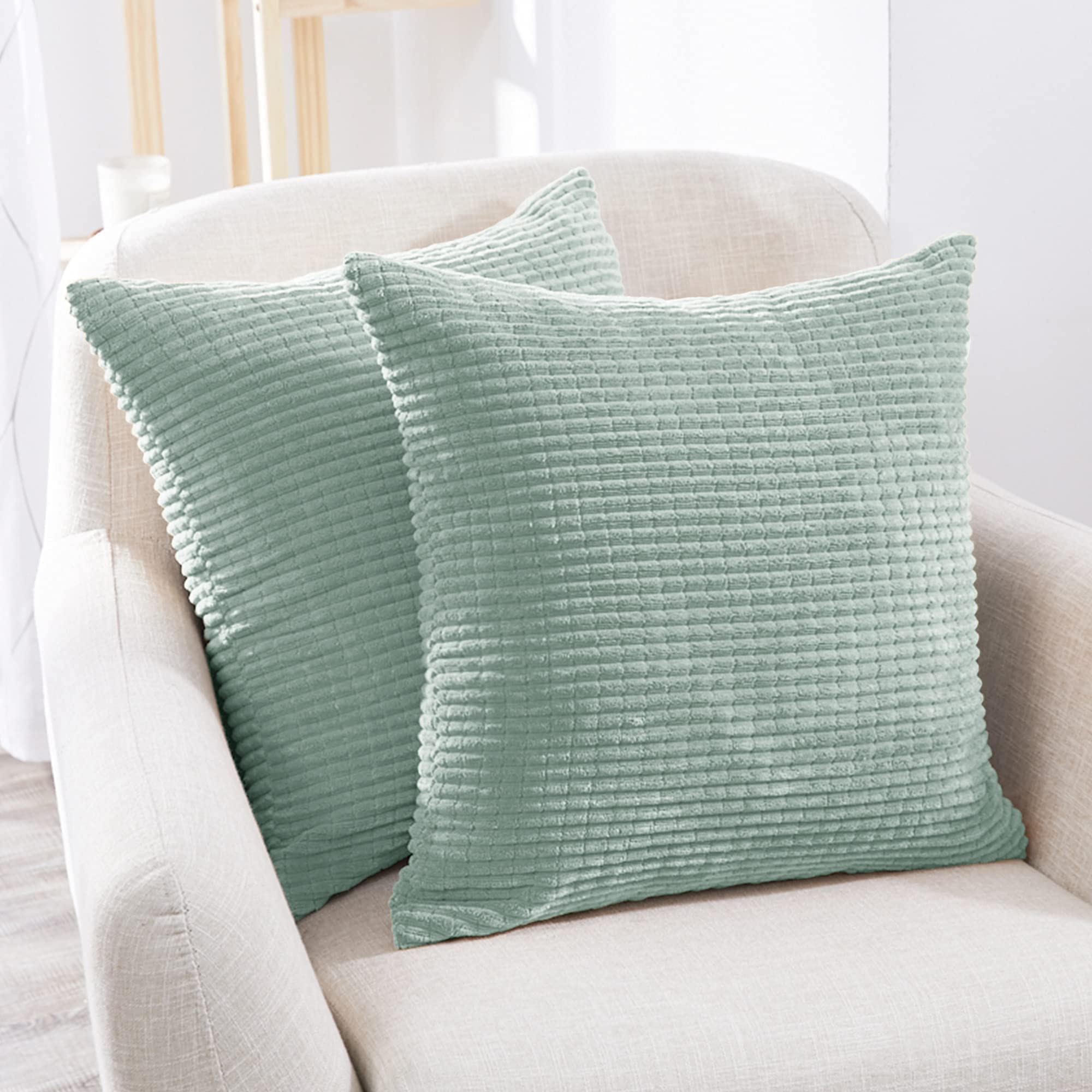 Deconovo 2-Pack Coral Green Corduroy Pillow Covers 20x20 Inch - Striped Square Decorative Cushion Covers for Sofa, Bed, Living Room - Soft & Stylish Home Decor Accent for Modern Interior Design