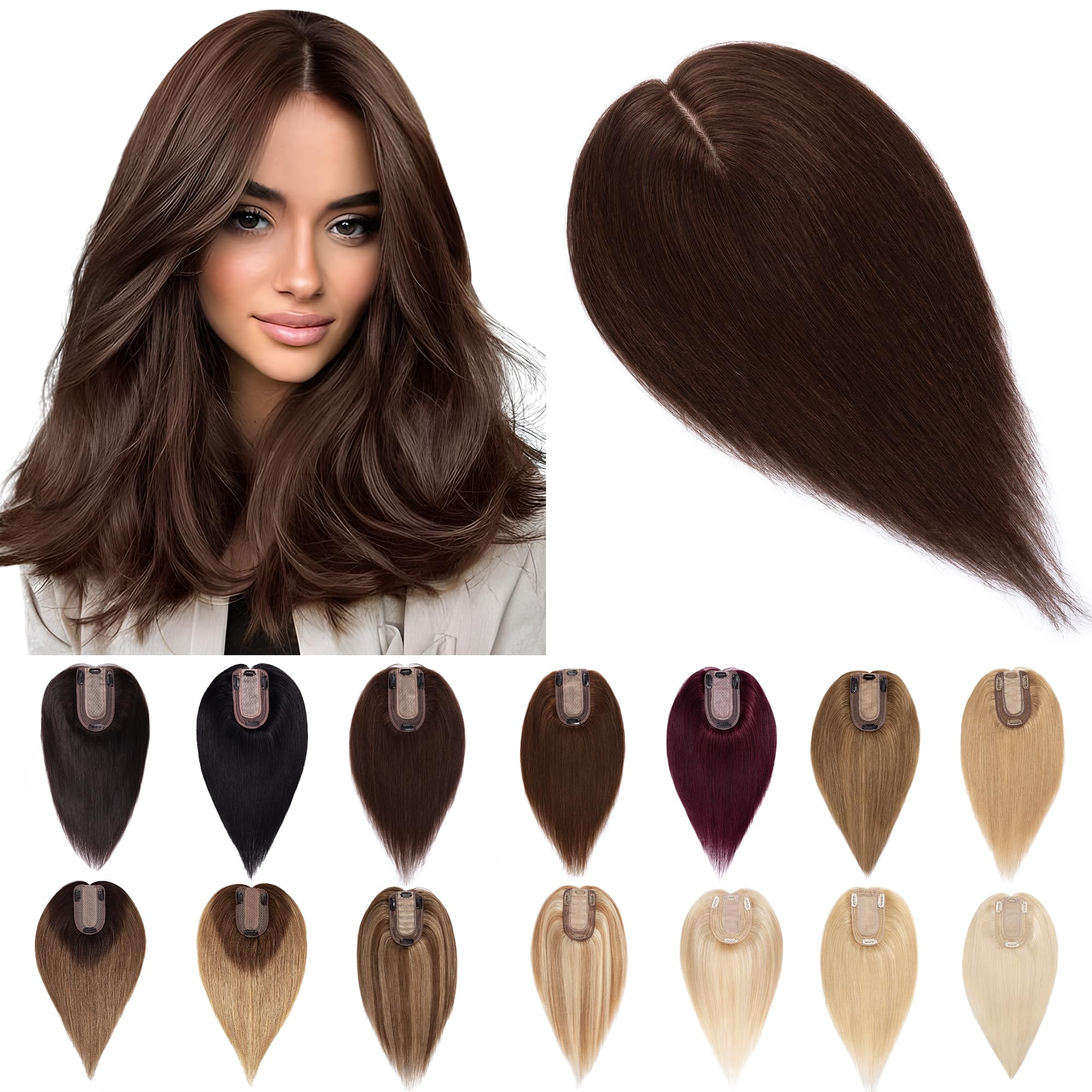 SEGO 100% Real Human Hair Toppers for Women - 7x13cm Silk Base Clip-in Top Wiglet for Thinning Hair (14 Inch, Dark Brown, No Bangs) | Perfect for Daily Wear, Special Occasions & Hair Volume Enhancement