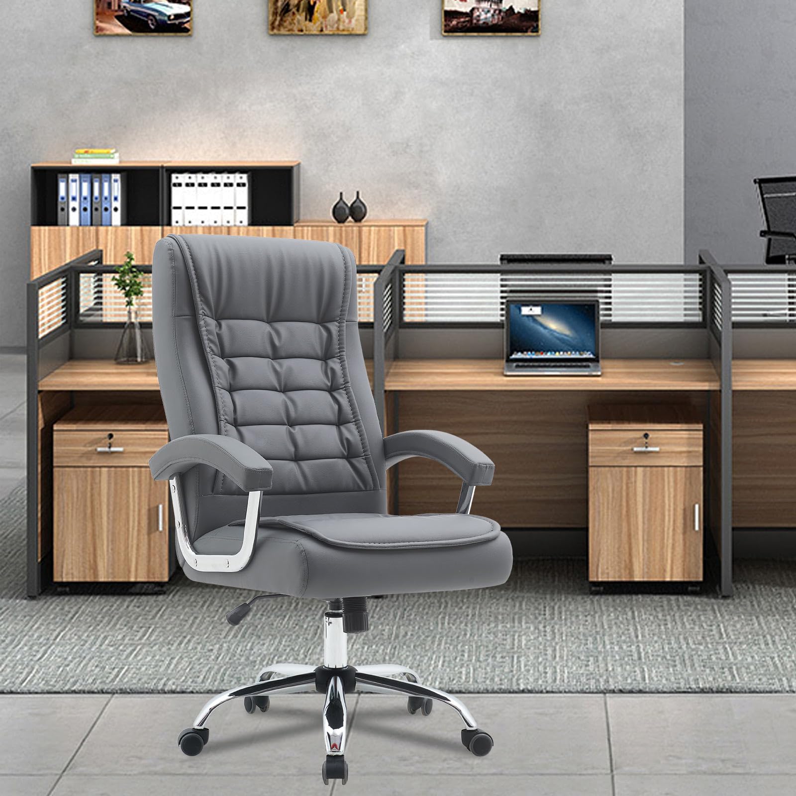 Premium Adjustable High Back Executive Office Chair - Ergonomic Leather Swivel Desk Chair with Padded Armrests & Spring Seat - Supports 350lbs - Home Office Computer Task Chair (Gray) - Perfect for Long Work Hours, Video Conferencing & Remote Work Comfort