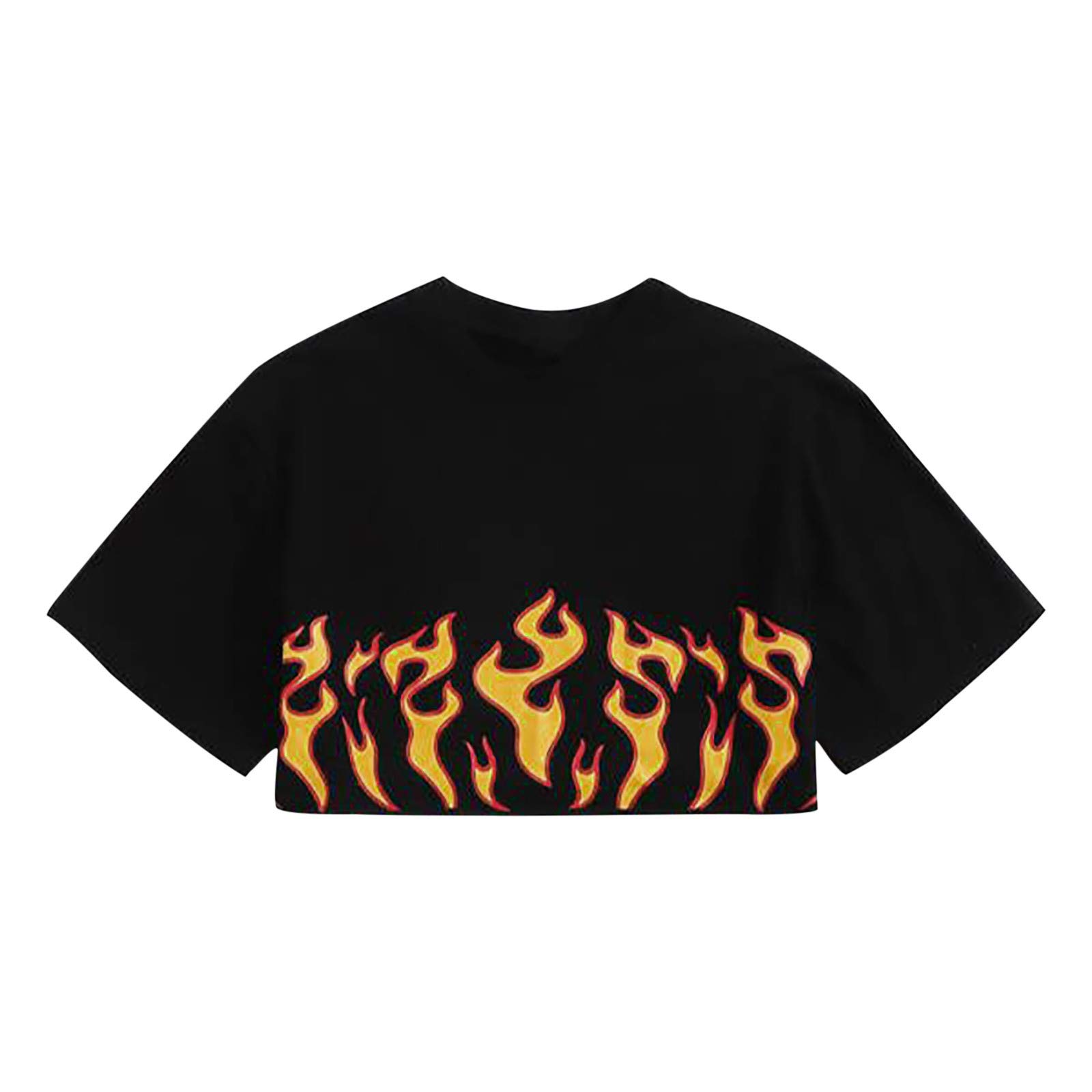 Women's Flame Print Cropped Tops - Short Sleeve Crew Neck Stretchy Pullover Blouse for Summer | Casual Outfit, Beach Wear, Street Style Fashion