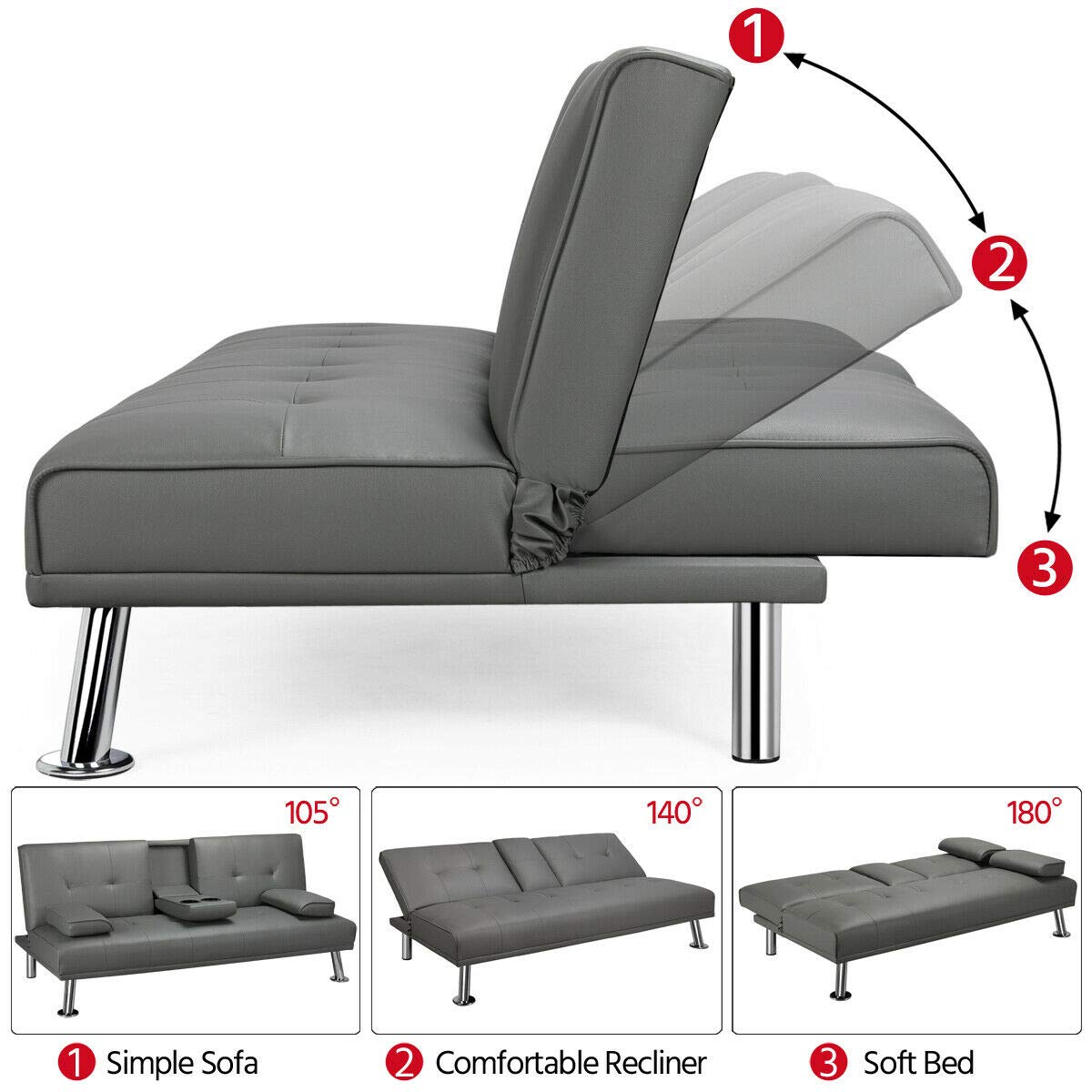 Modern Convertible Sofa Bed Sleeper - Faux Leather Futon Couch with 2 Cup Holders & Gray Armrest - Space Saving Living Room Furniture for Small Apartments, Guest Rooms and Home Offices