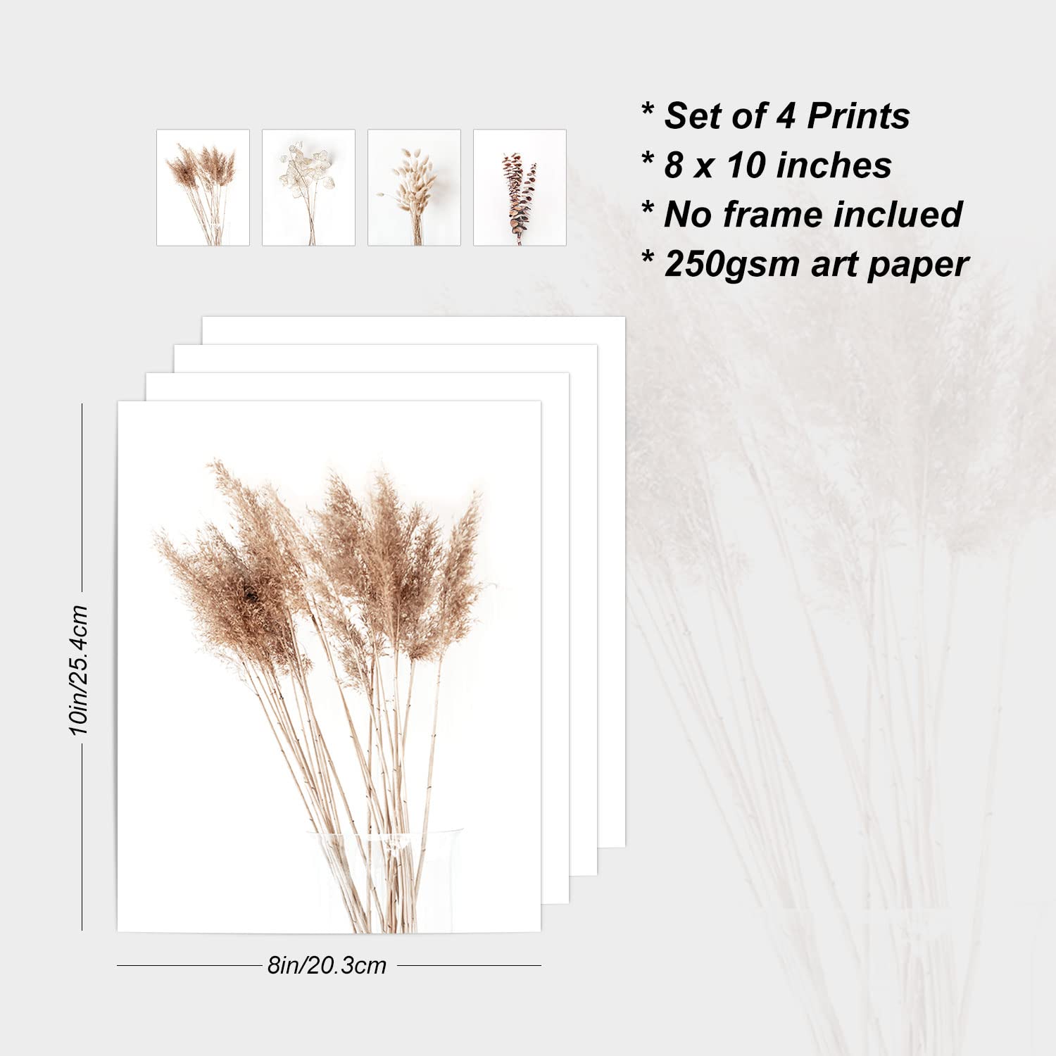 Boho Wall Art Set of 4 - 8x10in Pampas Grass Prints for Farmhouse Decor | Neutral Botanical Decorations for Bedroom, Bathroom & Kitchen | Fall Home Aesthetic (UNFRAMED) | Perfect for Boho Chic, Rustic & Modern Interior Design