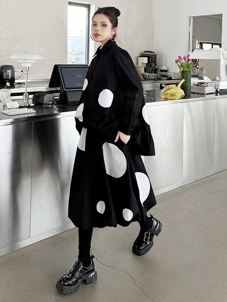 Black Dot Oversized Asymmetrical Shirt Dress Two-Piece Set with Lapel Long Sleeve - Women's Fashion Outfit for Spring & Fall 2025 (Style 1DH9366) | Perfect for Office Wear, Date Nights & Casual Outings