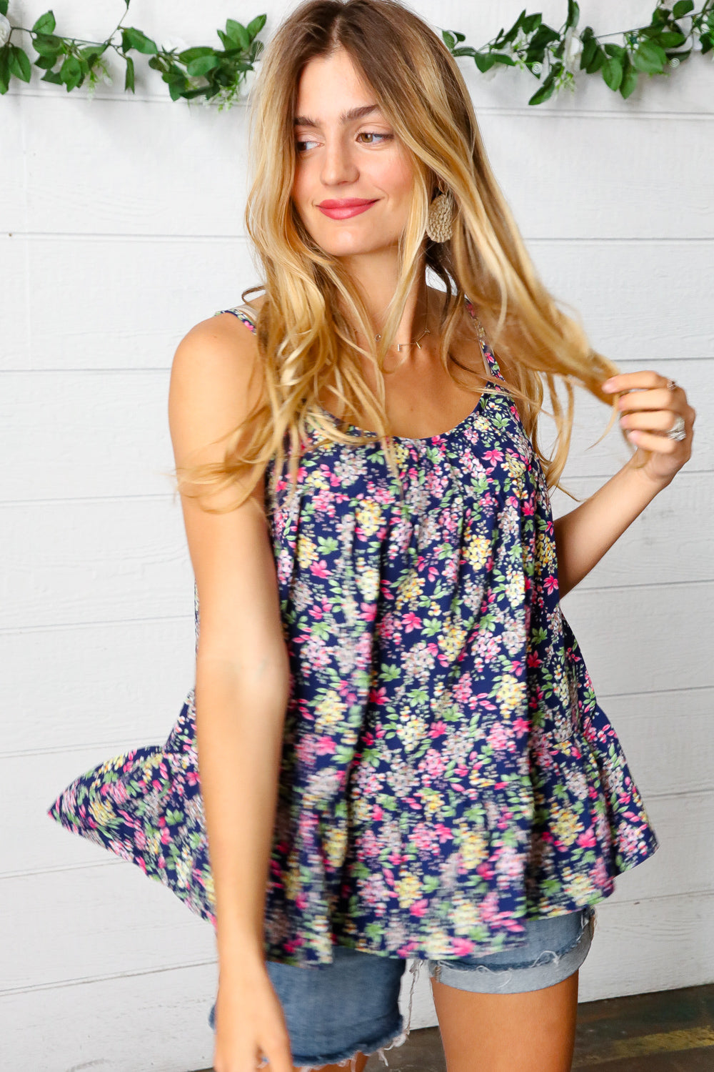 Navy Blue Floral Print Ruffle Hem Sleeveless Blouse for Women | Summer Casual Tops | Perfect for Beach Outings, Date Nights & Weekend Wear