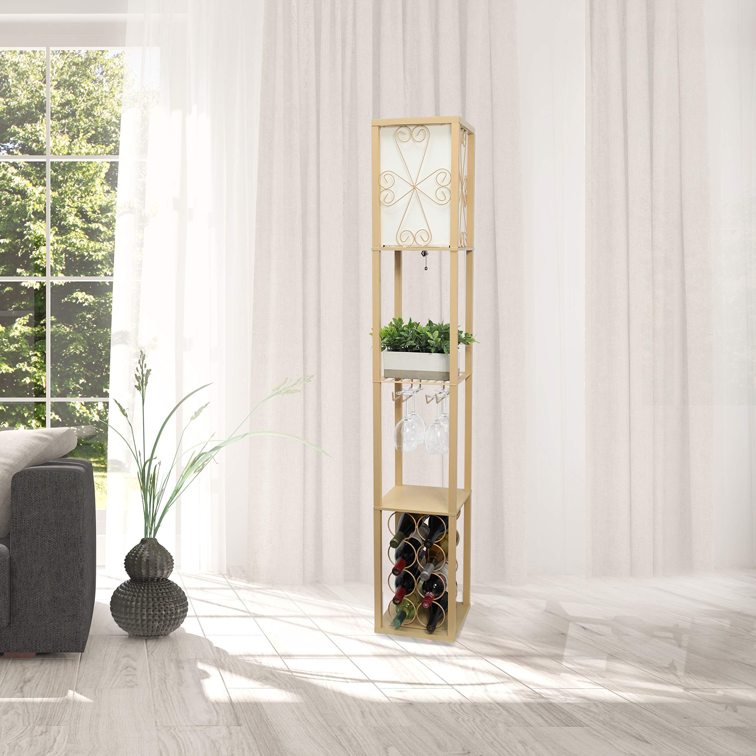 Simple Designs LF1015-TAN 3-Tier Shelf Organizer with Wine Rack & White Linen Shade - Modern Storage Solution for Living Room, Bedroom or Office - Space-Saving Floor Lamp & Display Unit
