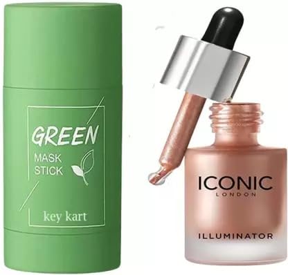 NS Creation Green Tea Purifying Clay Stick Mask for Oil Control & Anti-Acne | Illuminating Liquid Highlighter (2-Piece Set, Green-Gold) | Korean Skincare Routine for Glowing Skin