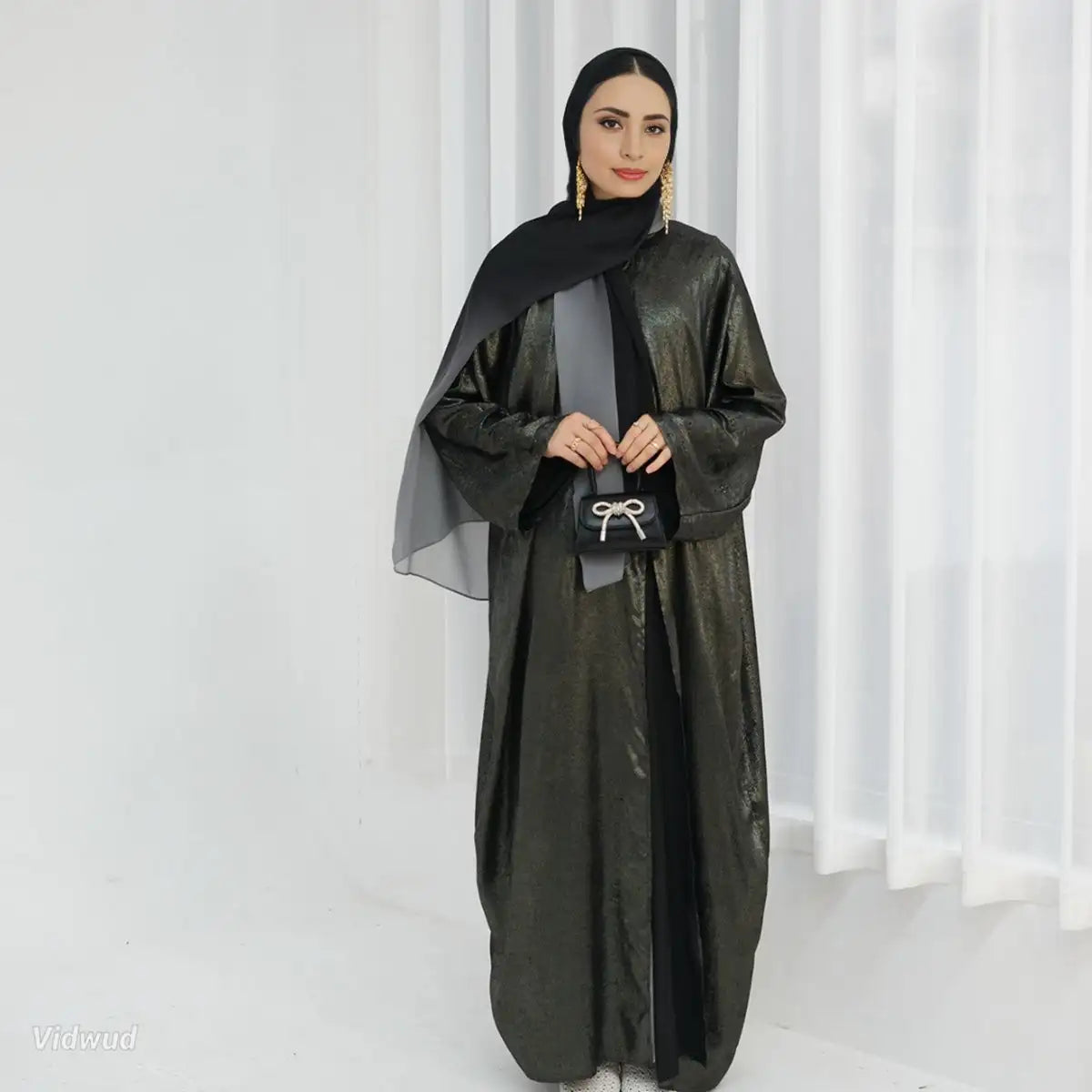 Shiny Beaded Cardigan Open Abaya Dress - Elegant Muslim Women's Cover-Up for Weddings, Parties & Special Occasions