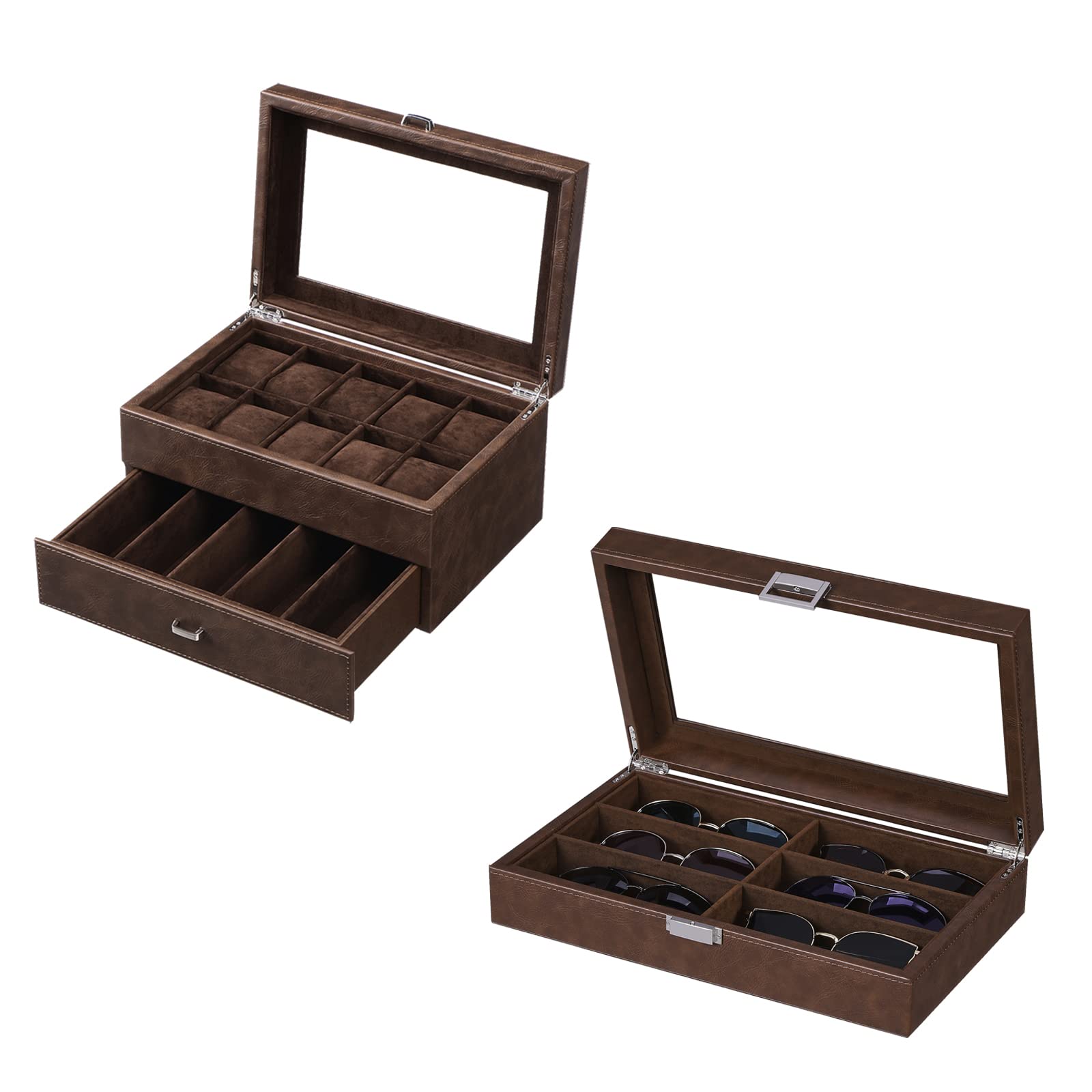 Luxury Watch Box with Glass Top - 10 Slots Watch Organizer & Eyeglass Case for Men | Perfect for Travel & Home Storage