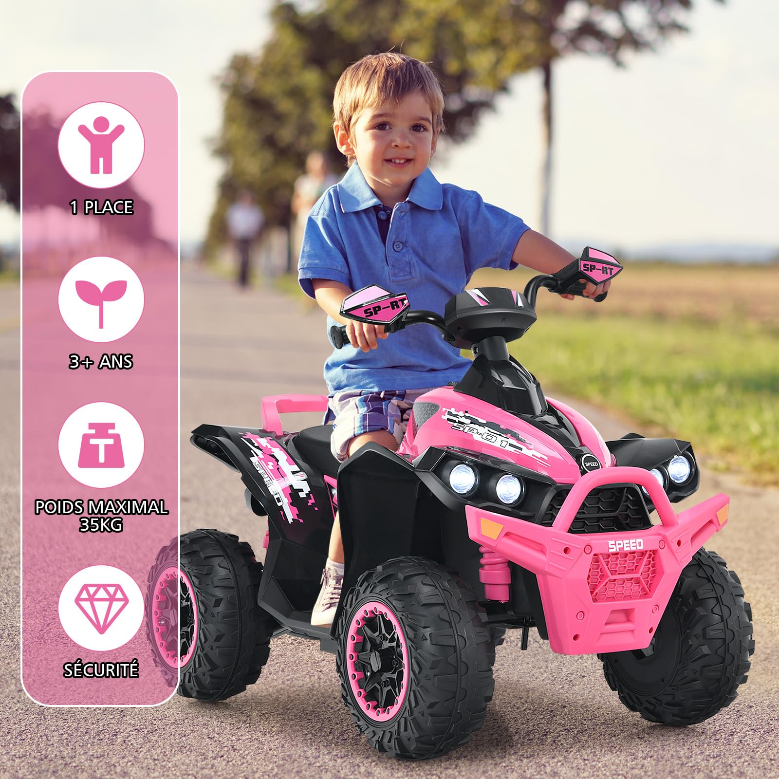 DREAMADE 12V Kids Electric ATV Quad Bike - Adjustable Speed, Forward/Reverse, LED Lights, Music, Horn & Pedal - 35kg Capacity Pink Ride-On Car for Boys & Girls - Perfect for Backyard Play, Birthday Gifts & Outdoor Adventures