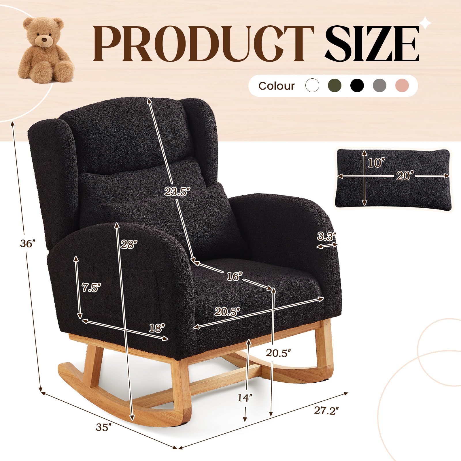 **Antetek Modern Rocking Chair - High Back Teddy Upholstered Nursery Rocker with Lumbar Pillow, Wingback Accent Armchair for Living Room, Bedroom & Nursery - Perfect for Nursing, Relaxing & Decor (Black)**