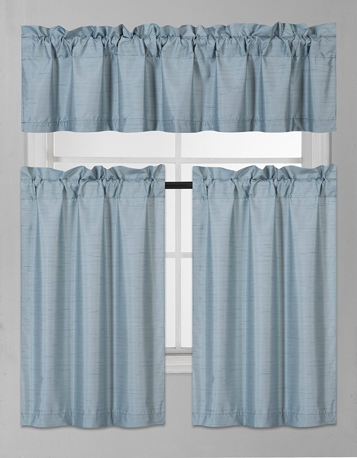 3-Piece Faux Silk Blackout Kitchen Curtain Set - Thermal Insulated Tier Curtains & Valance in Slate Blue for Windows - Perfect for Home, Apartment & Restaurant Decor