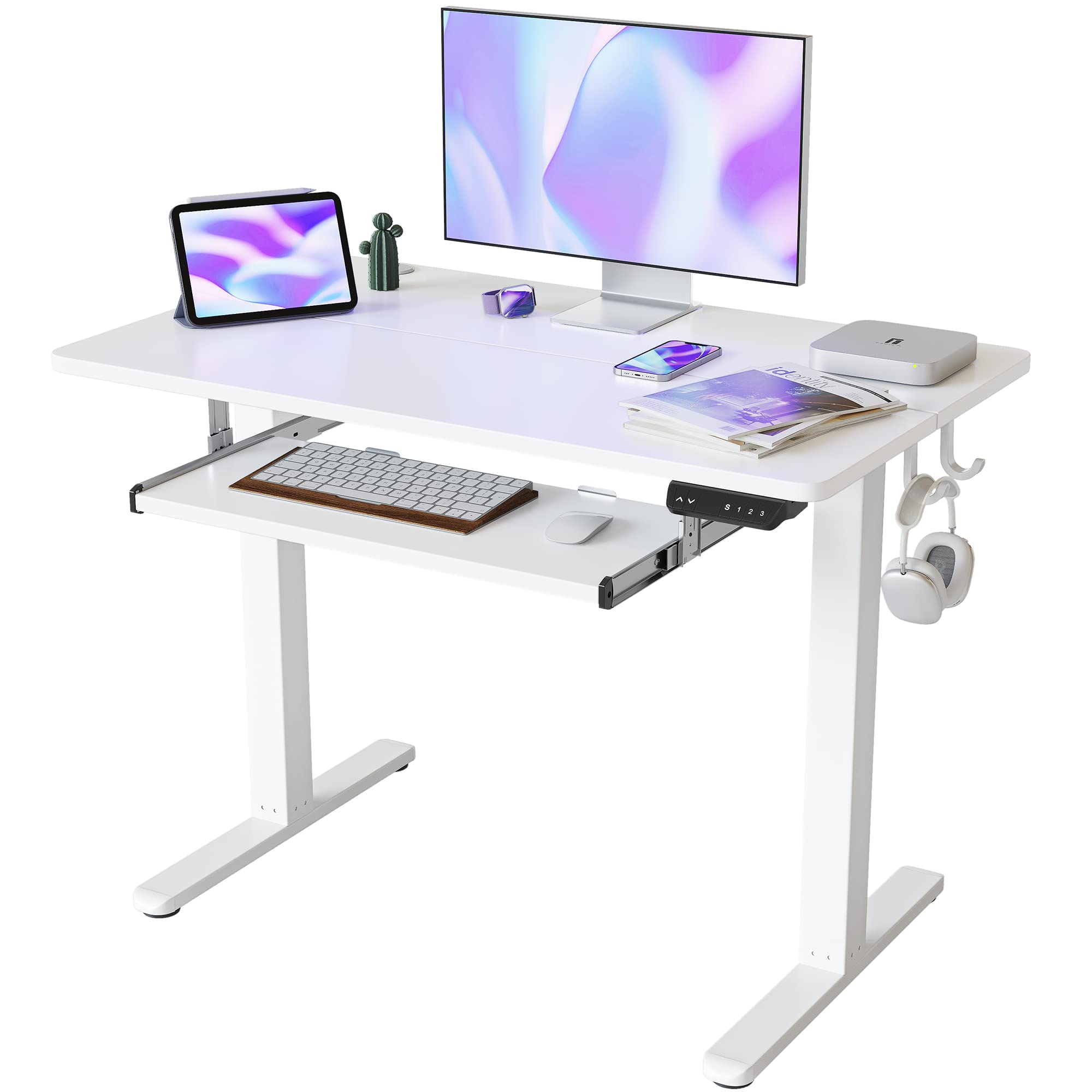 FEZIBO 40 x 24 Inches Electric Height Adjustable Standing Desk with Keyboard Tray | Ergonomic Sit Stand Workstation with Splice Board | White Frame & White Top | Perfect for Home Office, Gaming Setup & Remote Work